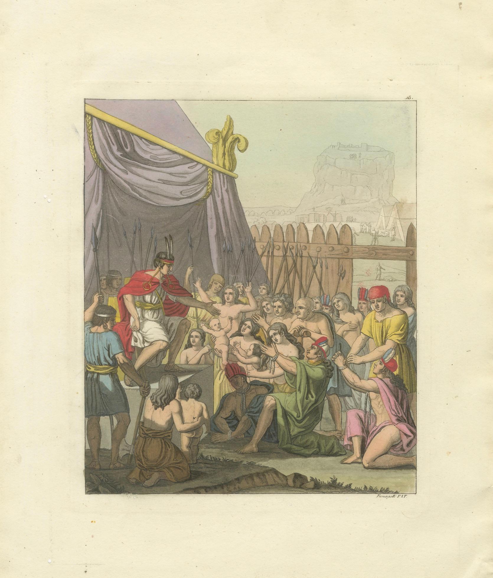 Original Antique Hand-Coloured Engraving of Mayta Capac's Clemency, Peru, c.1821