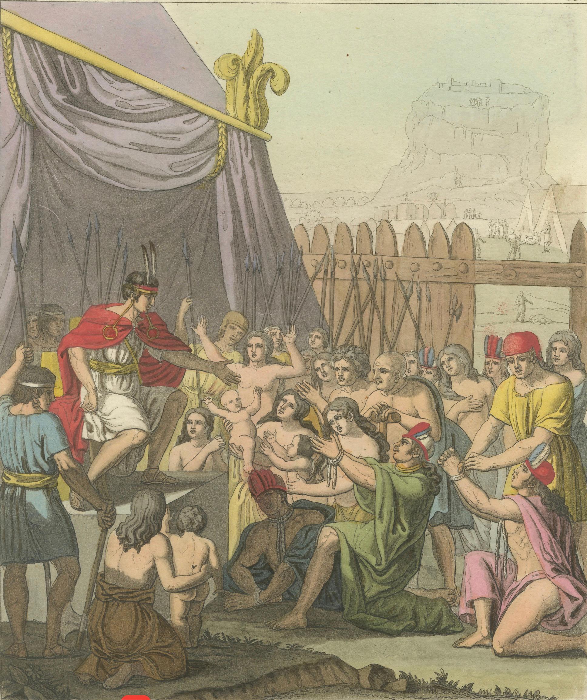 Original Antique Hand-Coloured Engraving of Mayta Capac's Clemency, Peru, c.1821