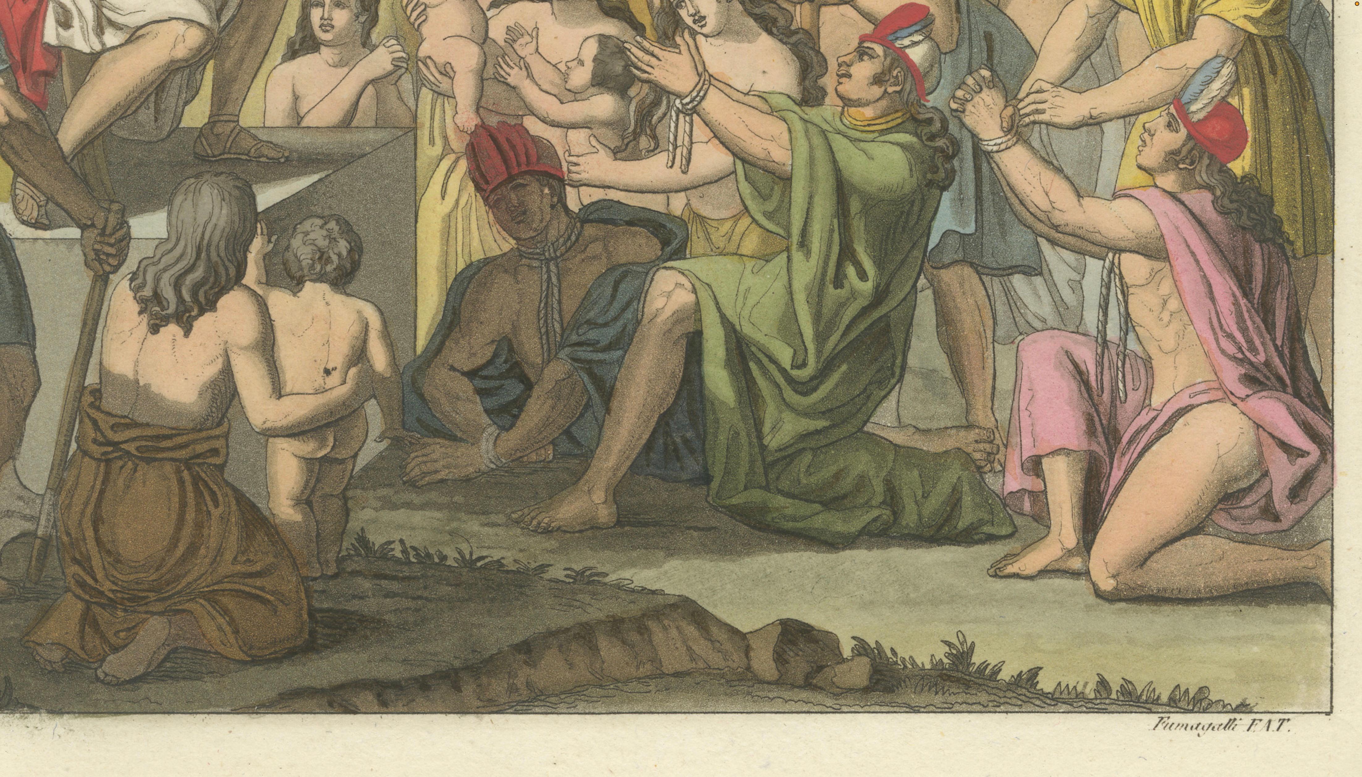 Original Antique Hand-Coloured Engraving of Mayta Capac's Clemency, Peru, c.1821