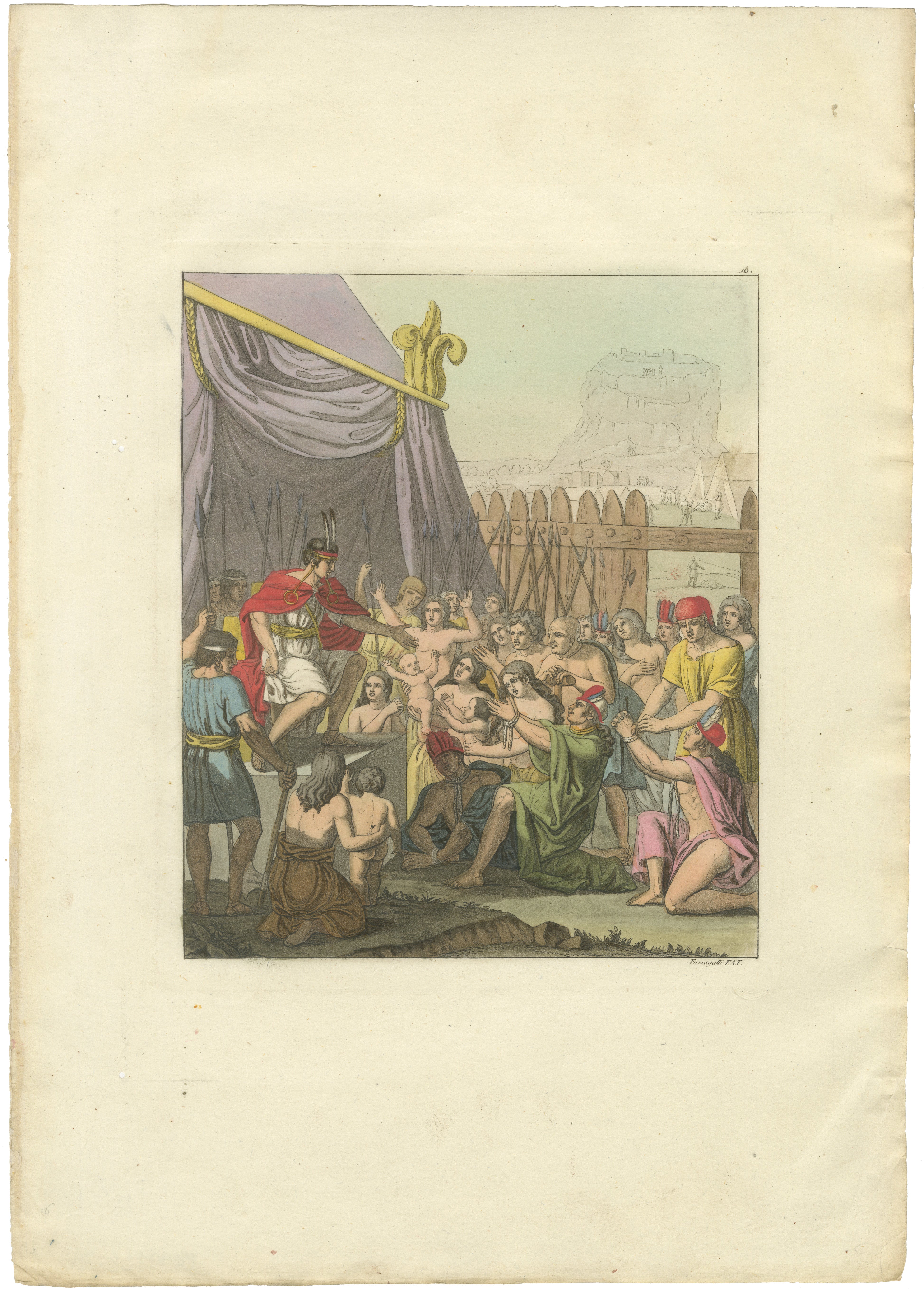 Original Antique Hand-Coloured Engraving of Mayta Capac's Clemency, Peru, c.1821