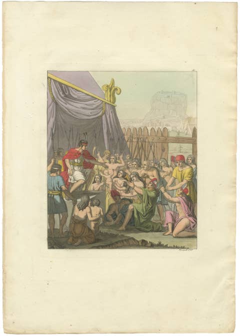 Original Antique Hand-Coloured Engraving of Mayta Capac's Clemency, Peru, c.1821