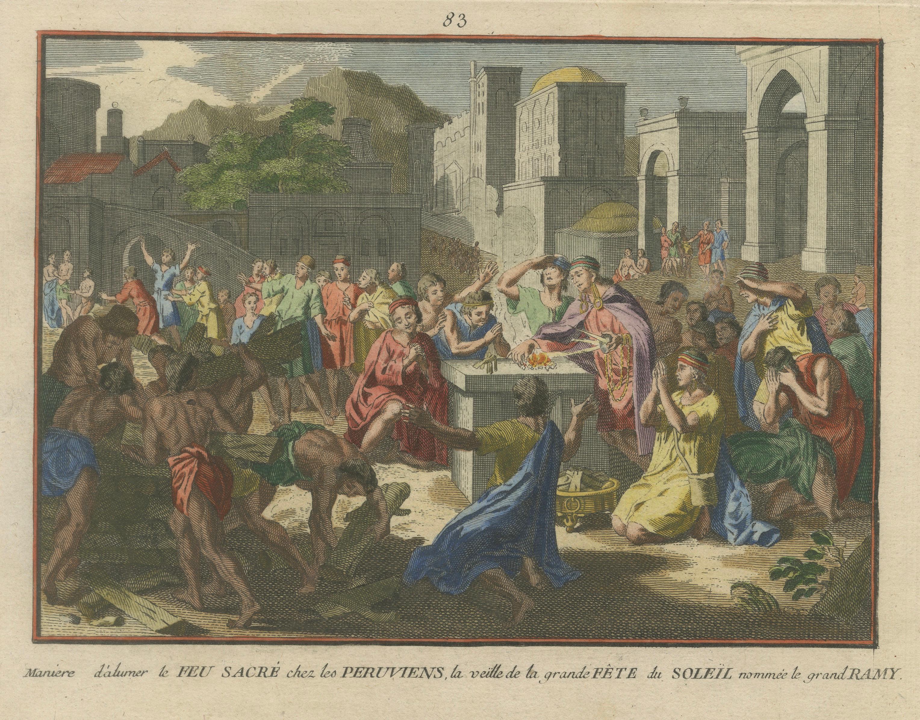 Original Antique Hand-Coloured Engraving of the Inca Sun Festival, Peru, c.1777