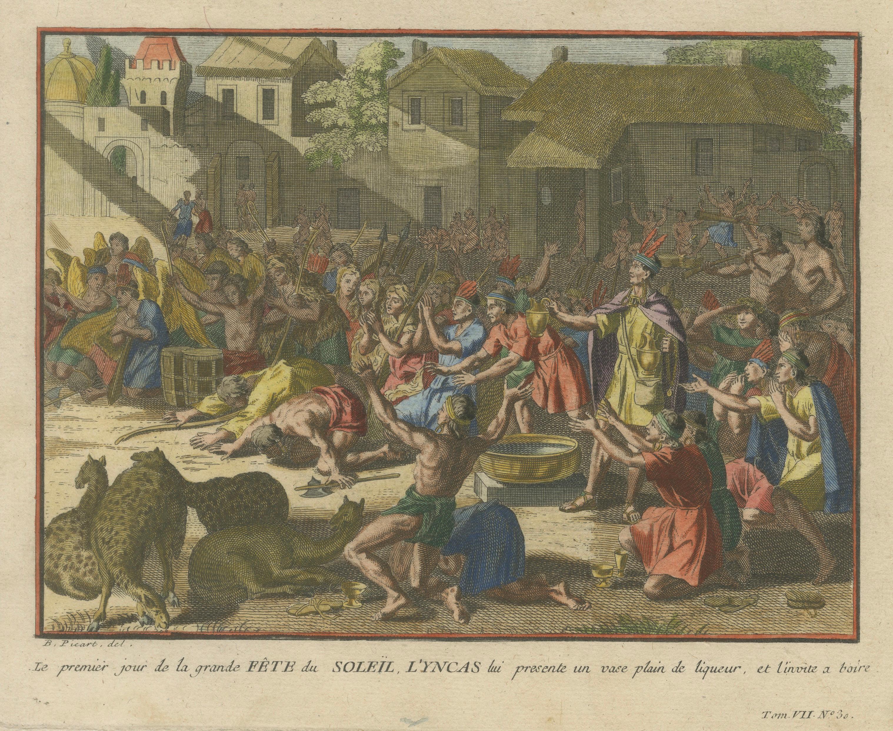 Original Antique Hand-Coloured Engraving of the Inca Sun Festival, Peru, c.1777