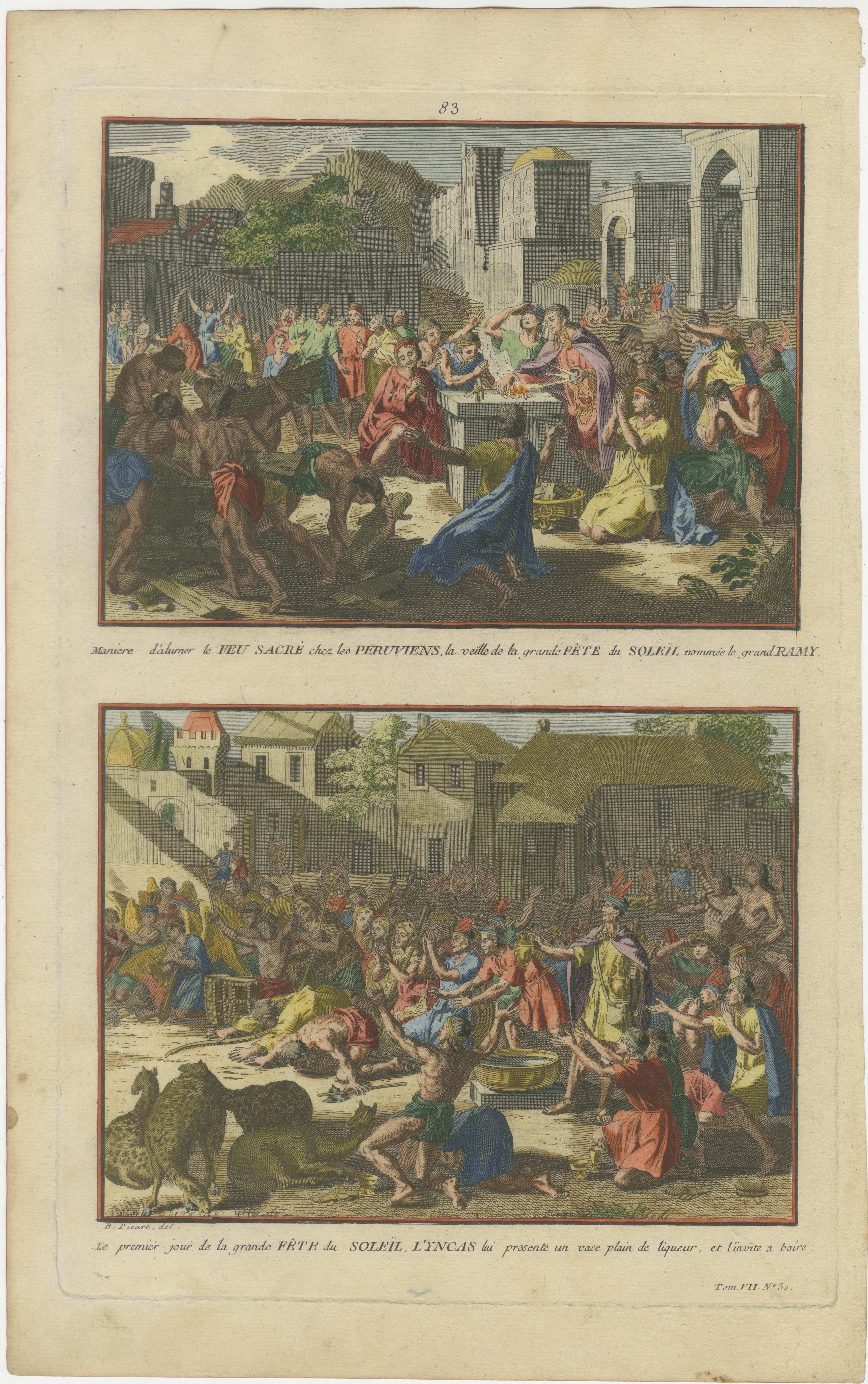 Original Antique Hand-Coloured Engraving of the Inca Sun Festival, Peru, c.1777