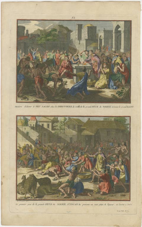 Original Antique Hand-Coloured Engraving of the Inca Sun Festival, Peru, c.1777