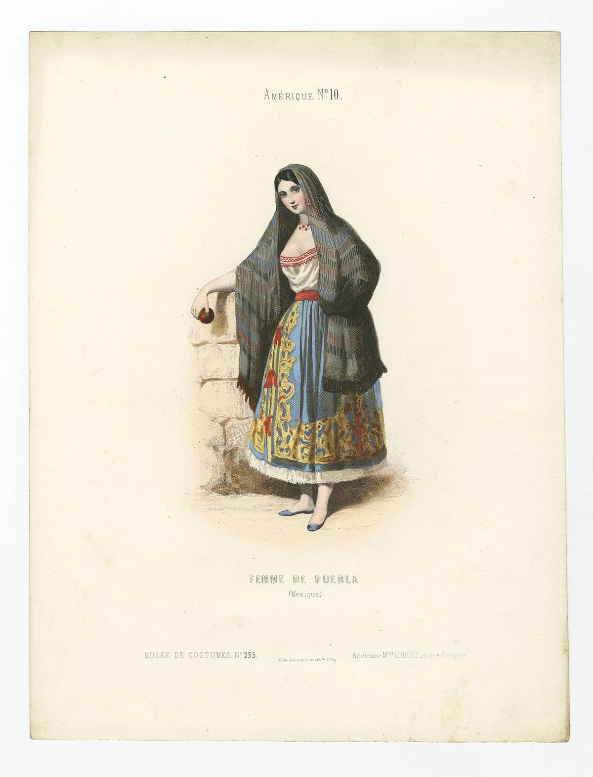 Original Antique Handcolored Print Depicting a Woman from Puebla, Mexico, 1850