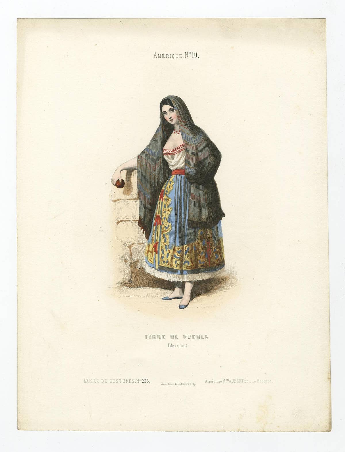 Original Antique Handcolored Print Depicting a Woman from Puebla, Mexico, 1850