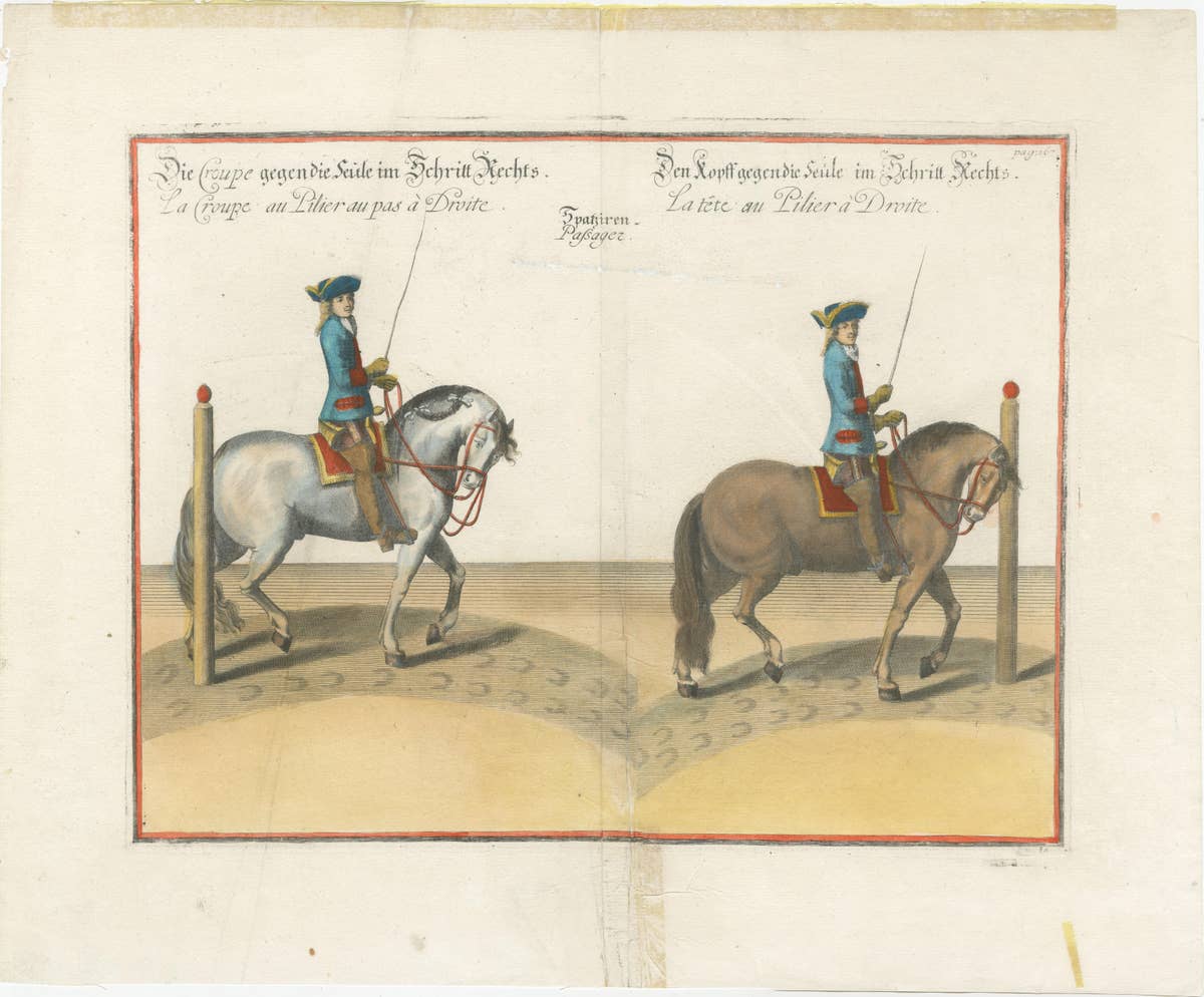 Original Antique Horse Riding Print with Hand Coloring