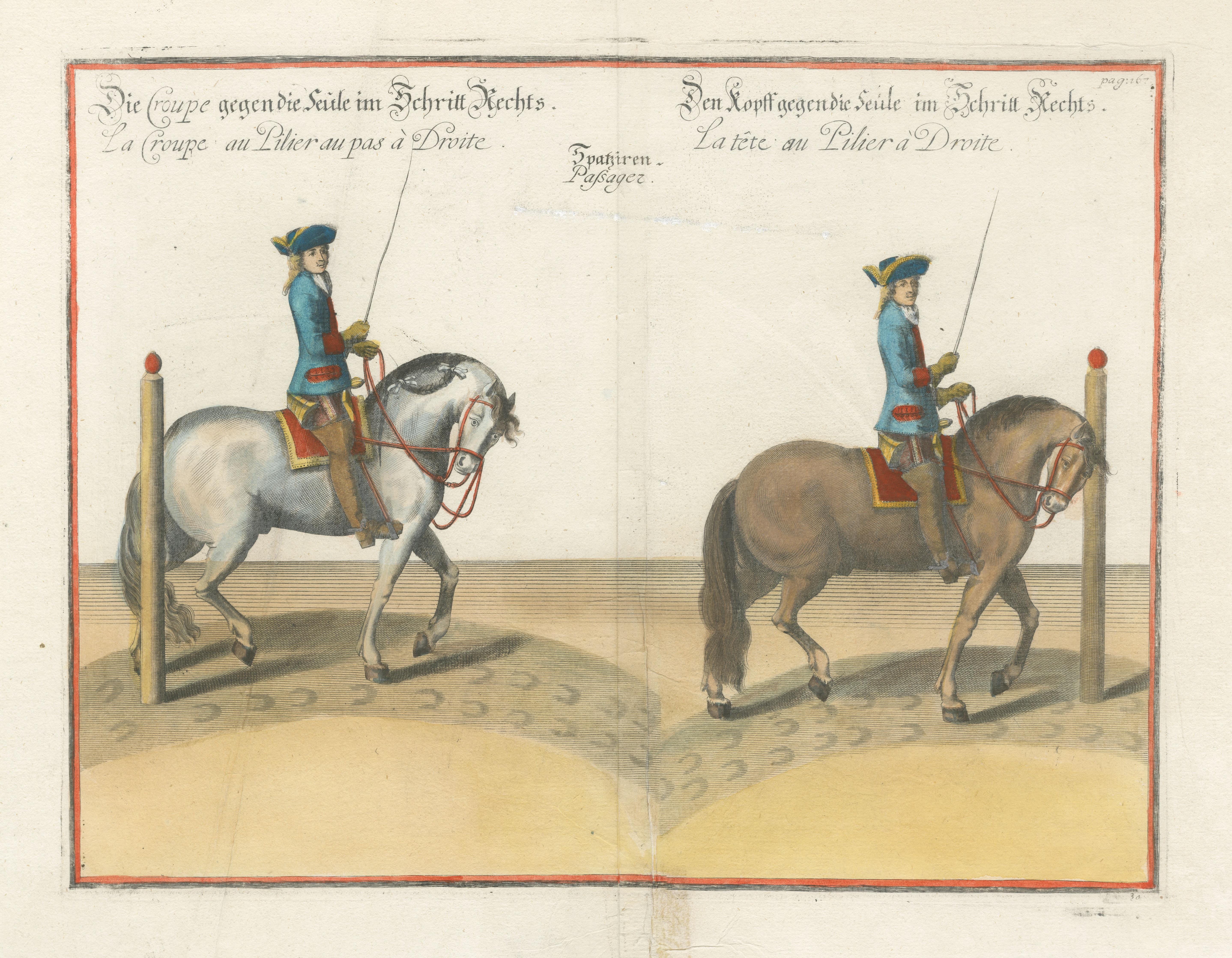 Original Antique Horse Riding Print with Hand Coloring In Fair Condition For Sale In Langweer, NL