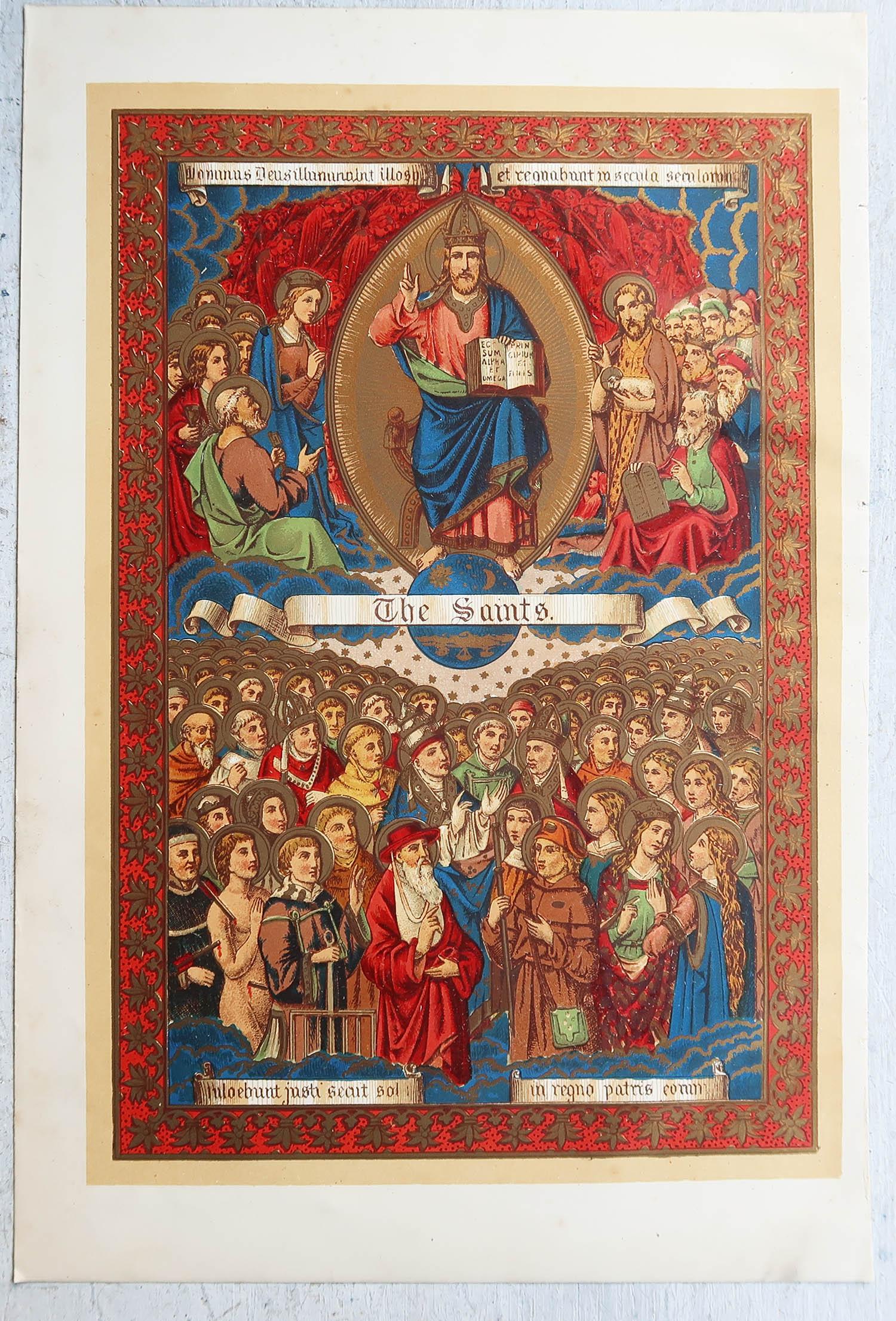 Gothique Gravure ancienne originale enluminée de la Toussaint. C.1880 en vente