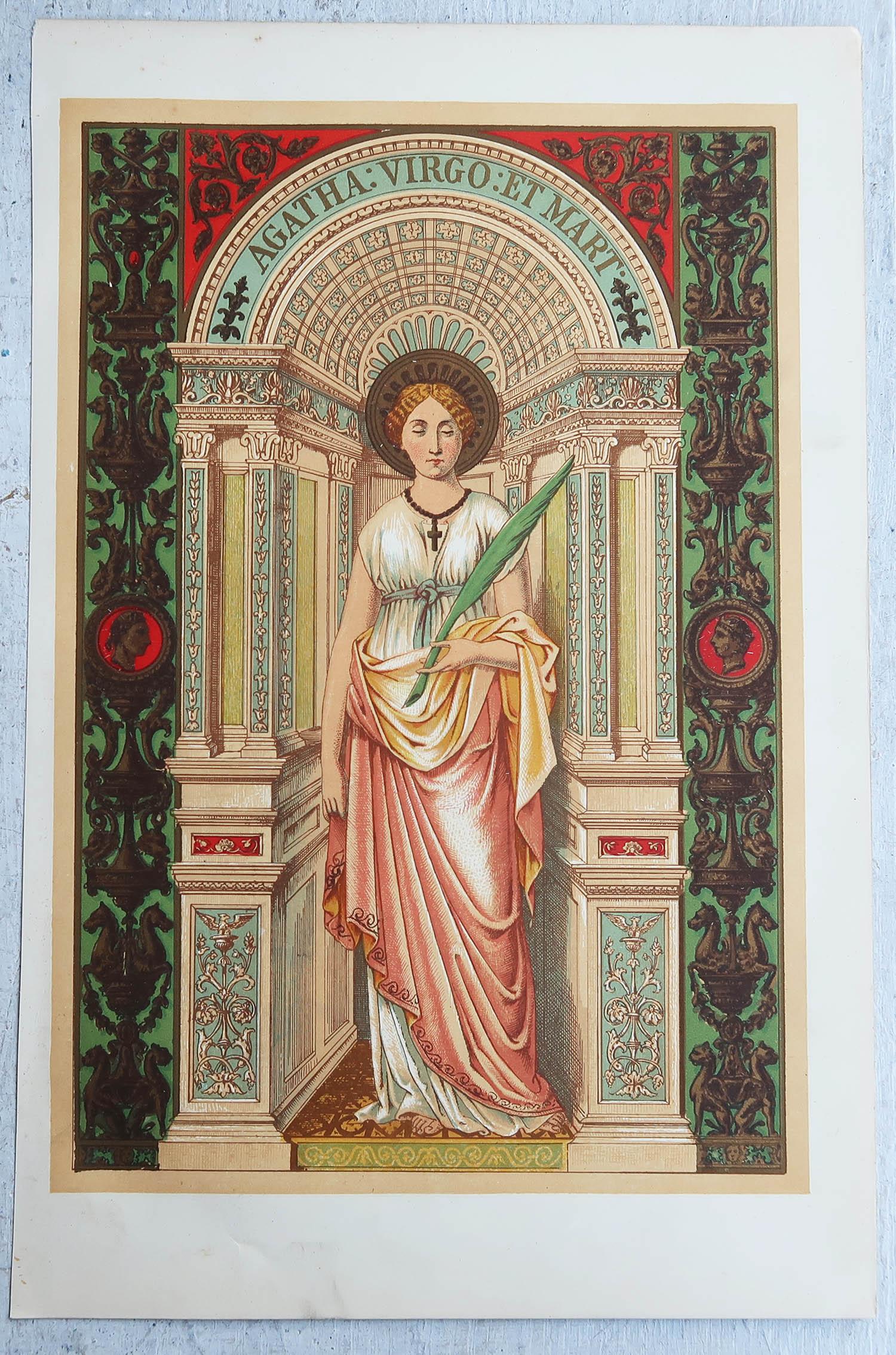 English Original Antique Illuminated Print of St Agatha. C.1880 For Sale