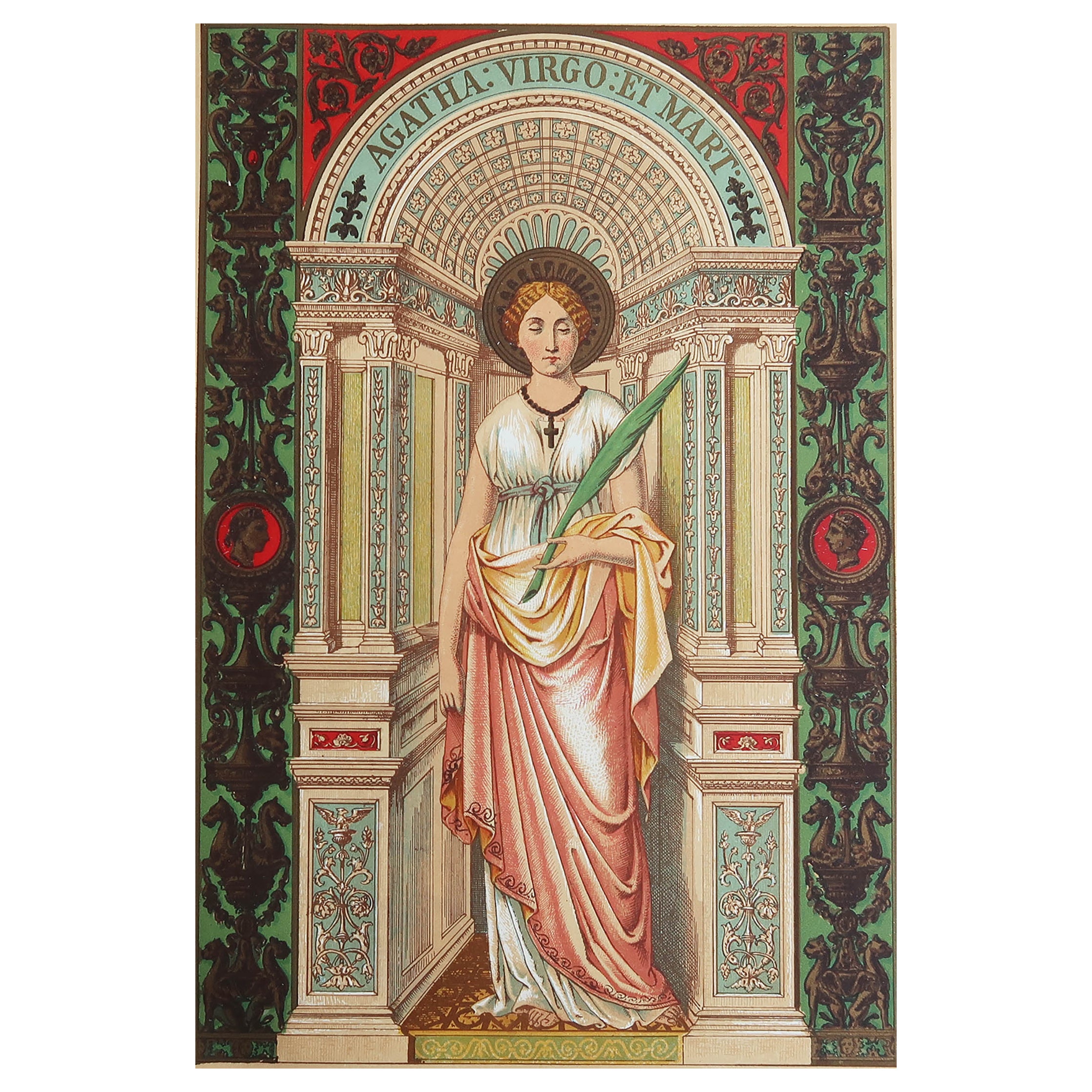 Original Antique Illuminated Print of St Agatha. C.1880 For Sale