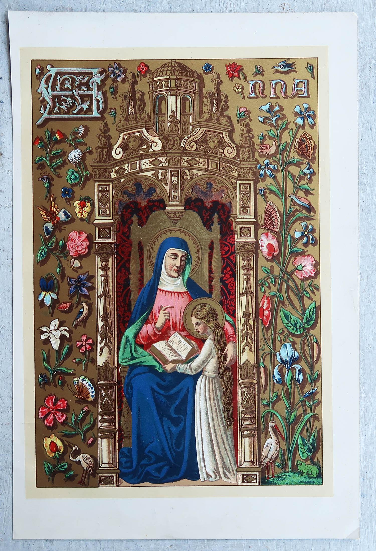 Gothique Impression ancienne enluminée d'origine de St Anne. C.1880 en vente