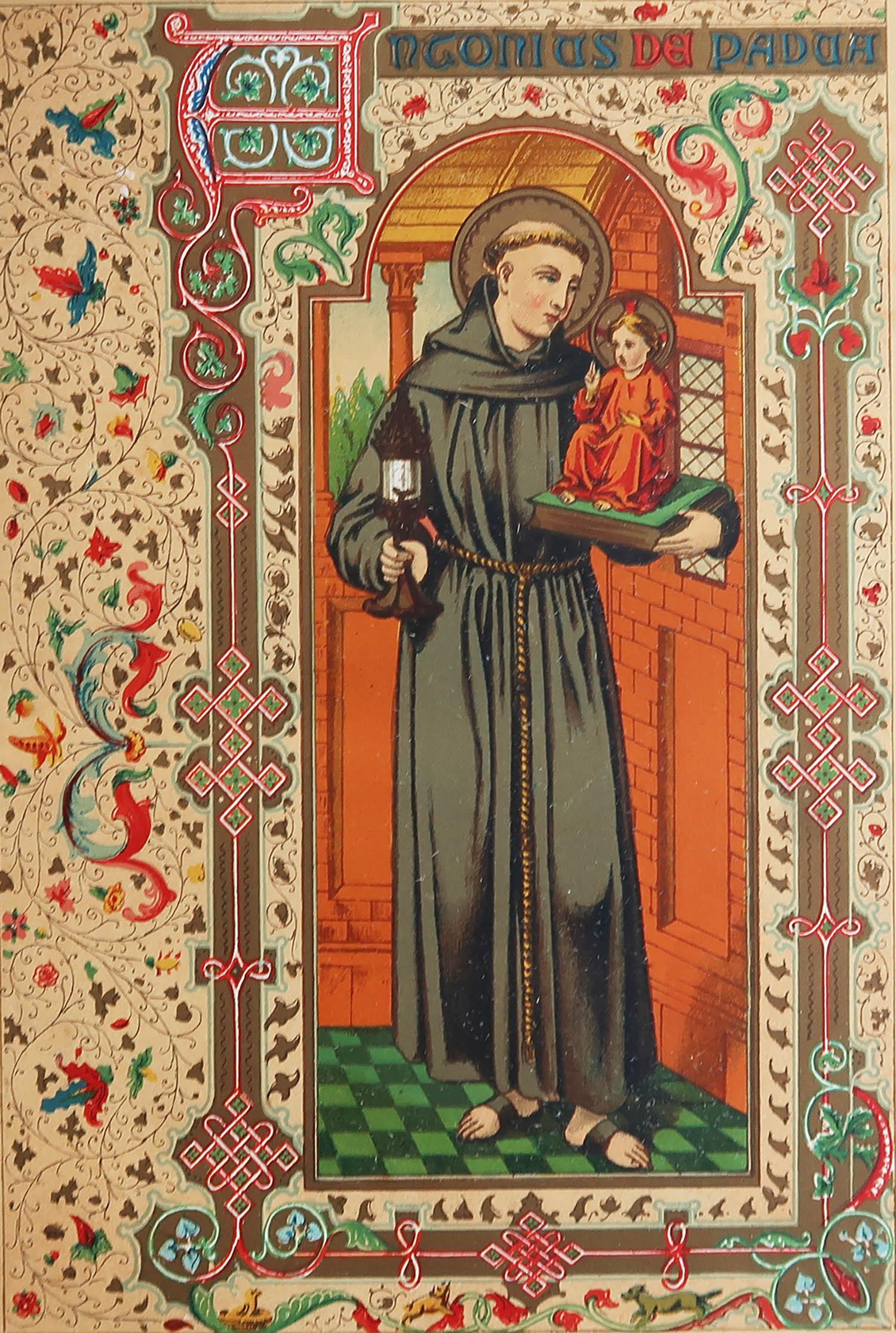 Merveilleuse estampe de Saint Antoine de Padua

Chromolithographie enluminée 

Publié vers 1880

Sans cadre.

Rousseurs dans la marge

Expédition gratuite

La mesure correspond au format du papier

