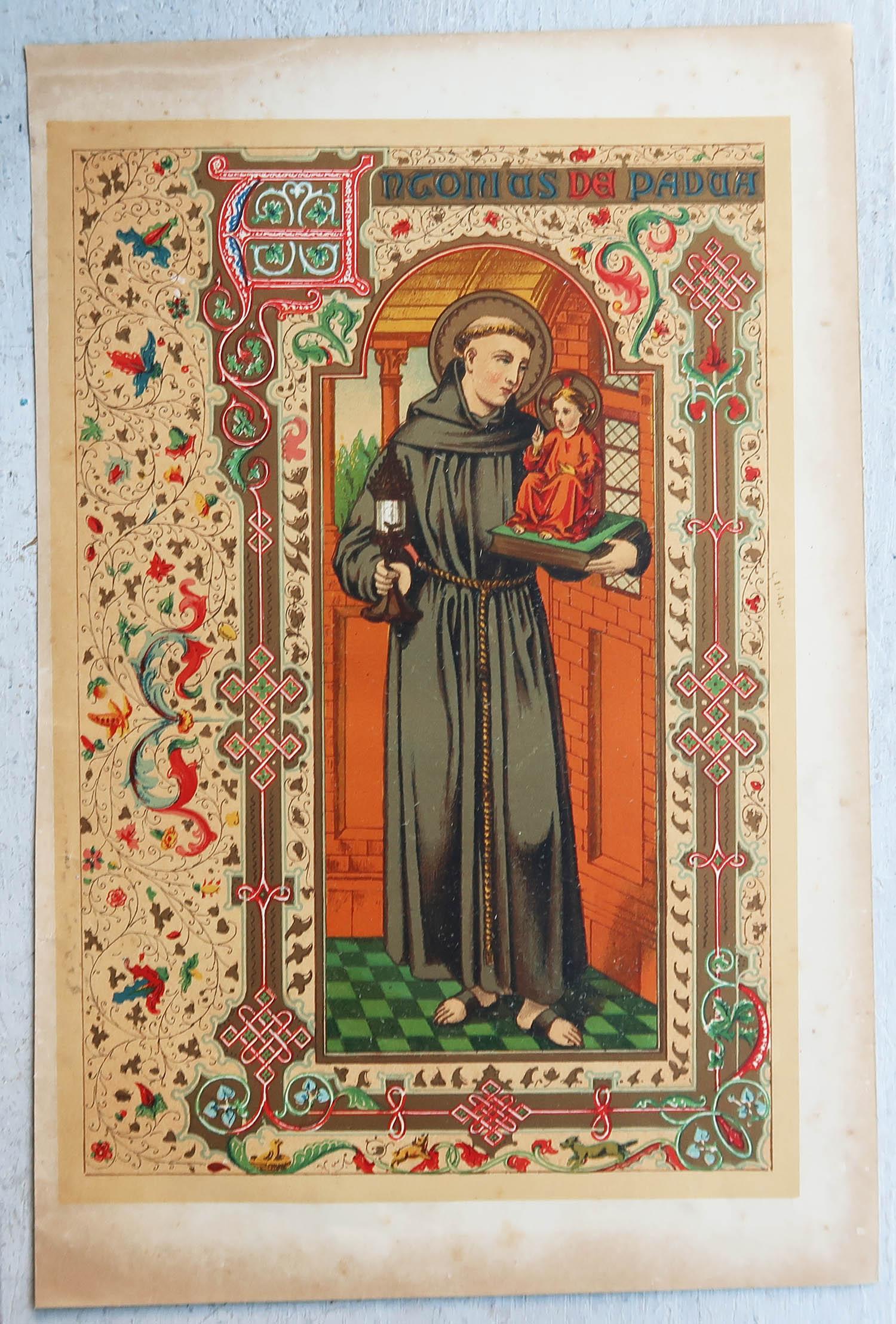 Gothique Estampe ancienne originale enluminée de Saint Antoine de Padua. C.1880 en vente