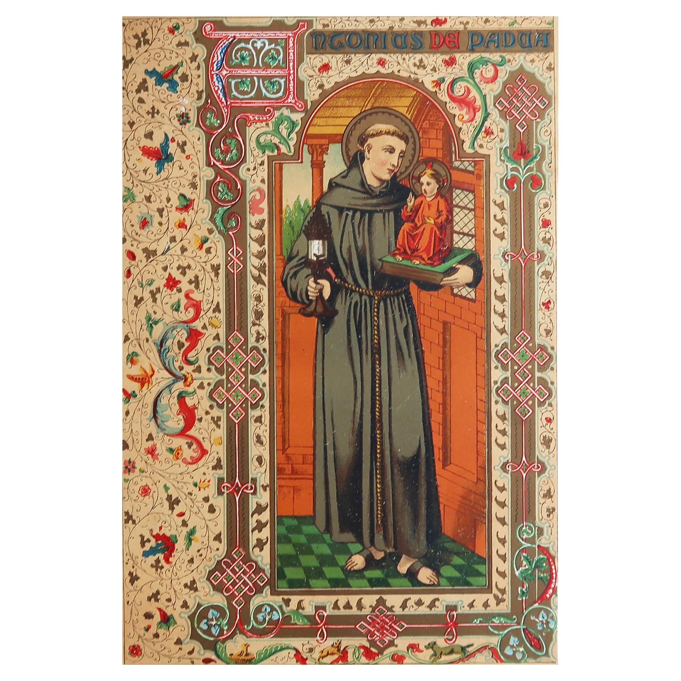 Estampe ancienne originale enluminée de Saint Antoine de Padua. C.1880