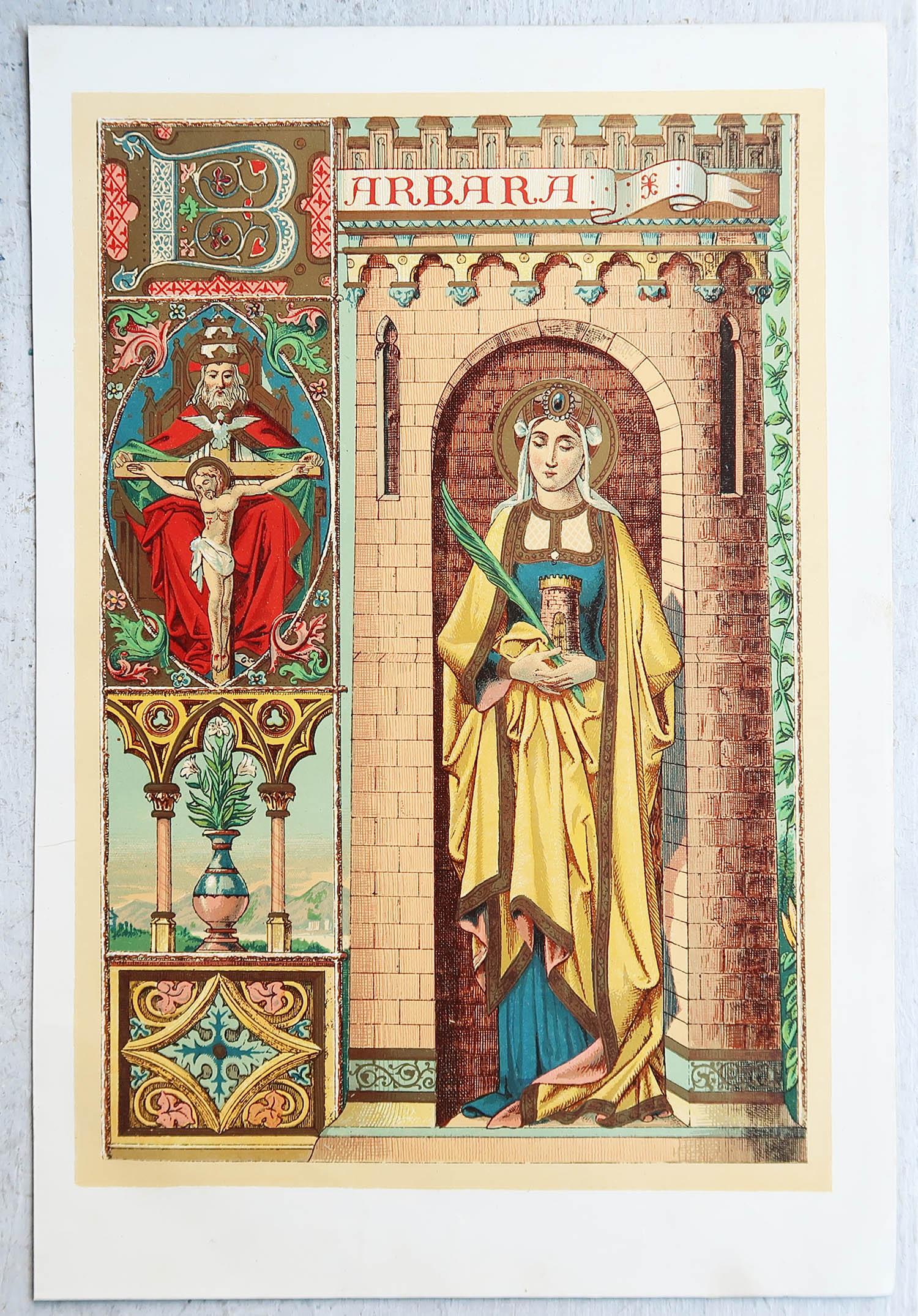 Gothique Impression originale enluminée de St Barbara. C.1880 en vente
