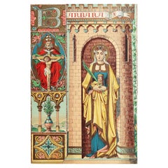 Grabado Iluminado Antiguo Original de Santa Bárbara. C.1880