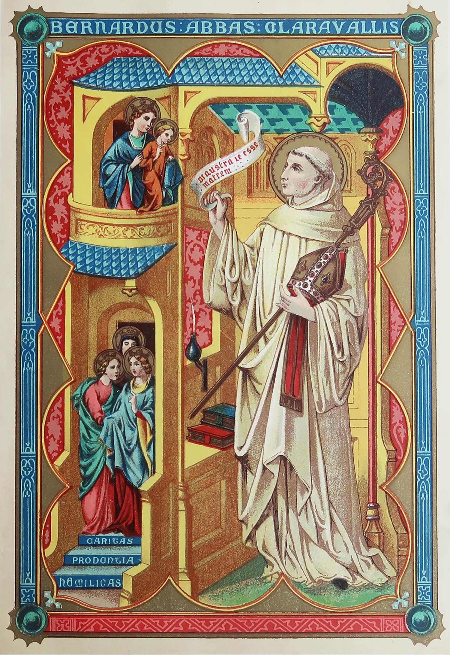 Merveilleuse estampe de saint Bernard de Clairvaux

Chromolithographie enluminée 

Publié vers 1880

Sans cadre.

Rousseurs dans la marge

Expédition gratuite

La mesure correspond au format du papier


