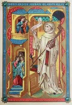 Impression originale enluminée de Saint Bernard de Clairvaux. C.1880