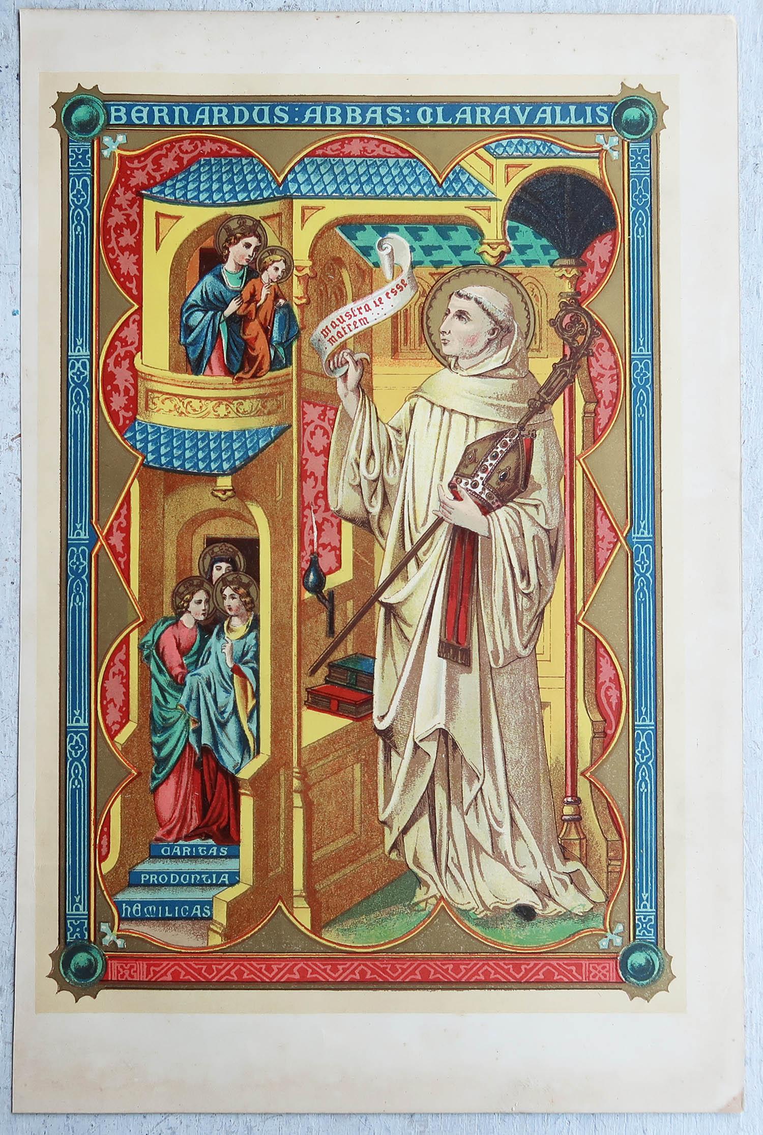 Anglais Impression originale enluminée de Saint Bernard de Clairvaux. C.1880 en vente