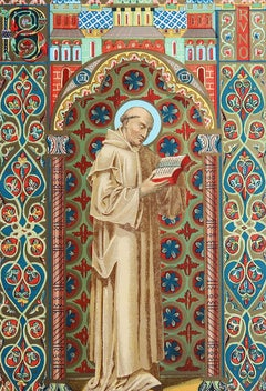 Original Antique Illuminated Print of St Bruno of Cologne. C.1880
