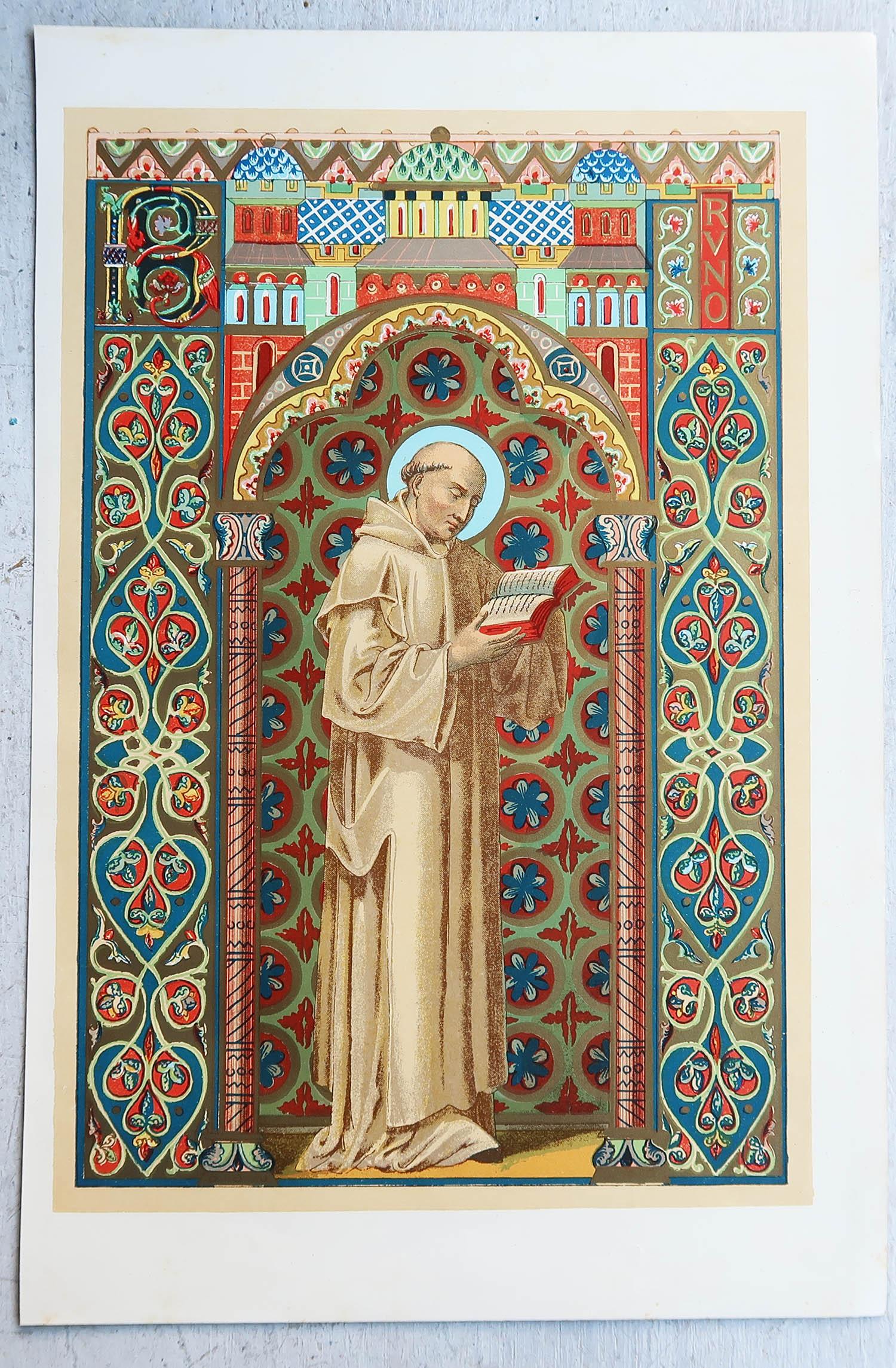 Gothic Original Antique Illuminated Print of St Bruno of Cologne. C.1880 For Sale