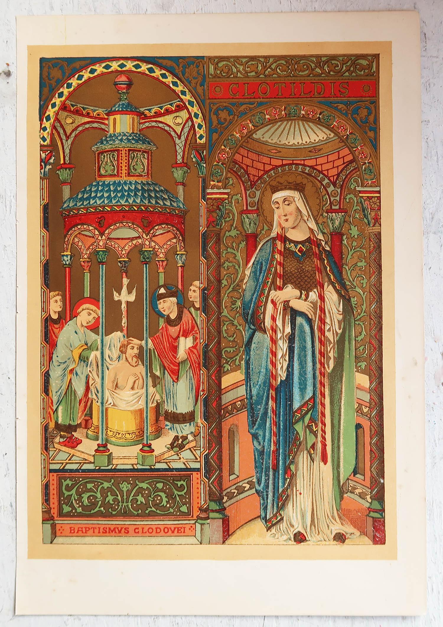 Gothique Impression originale enluminée de St Clotilde. C.1880 en vente
