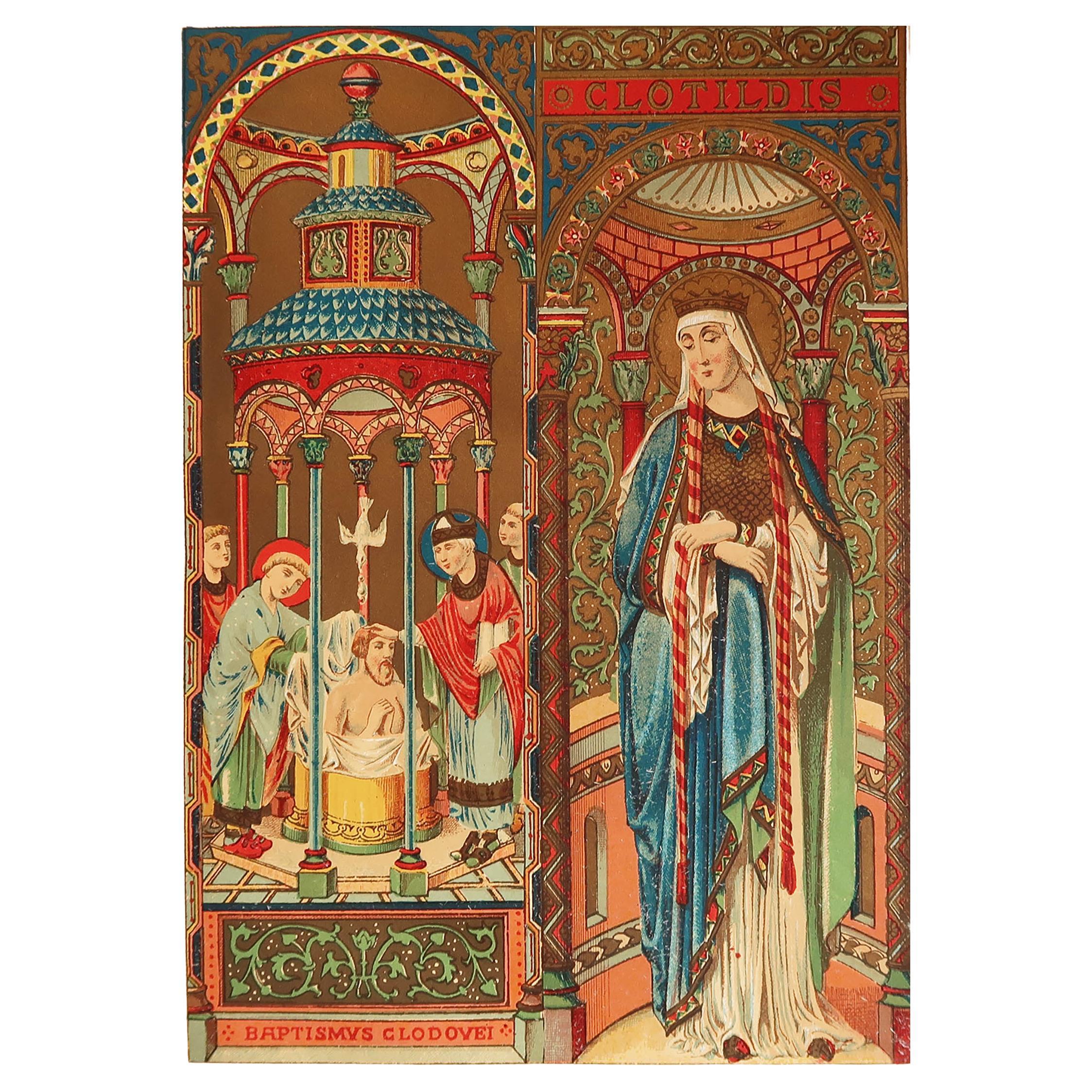 Grabado Iluminado Antiguo Original de Santa Clotilde. C.1880