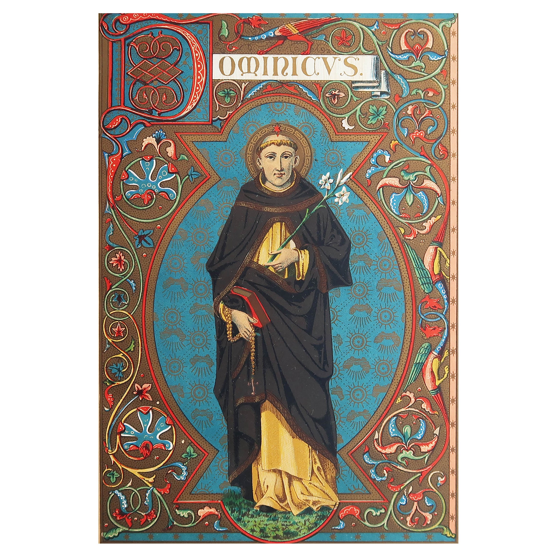 Original Antique Illuminated Print of St Dominic. C.1880