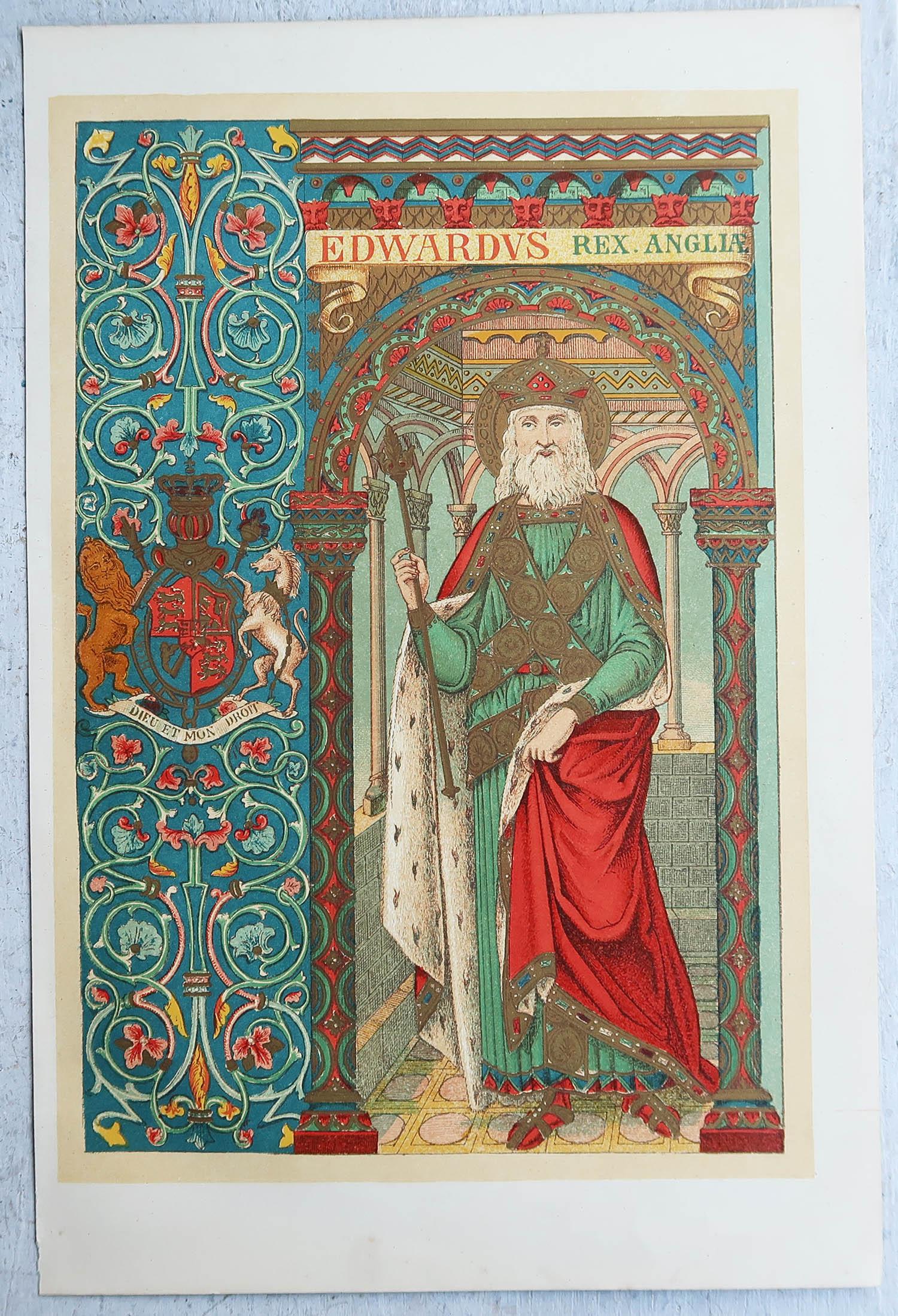 Grabado Iluminado Antiguo Original de San Eduardo El Confesor. C.1880 Inglés en venta