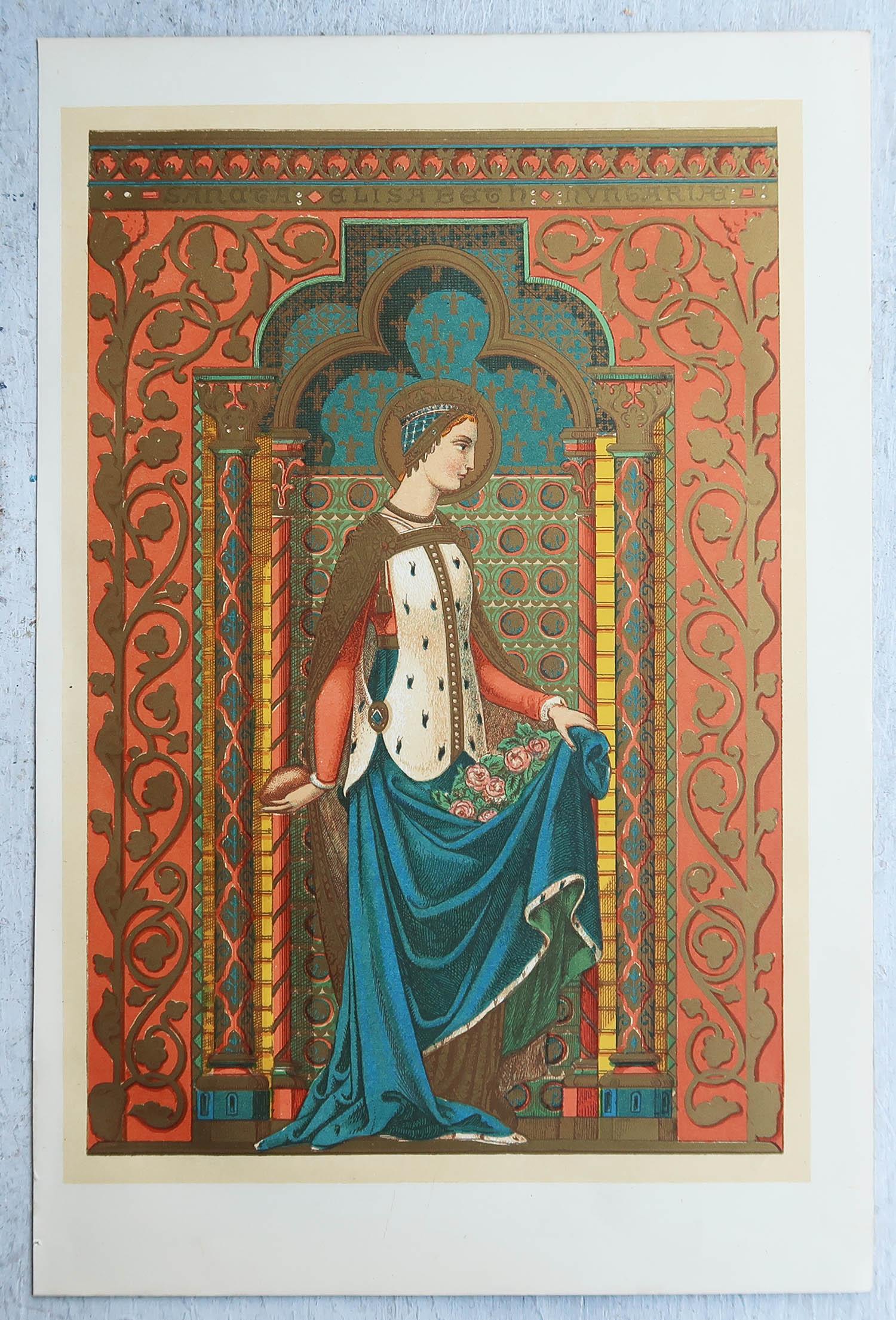 Gothique Impression ancienne enluminée d'origine de St Elizabeth de Hongrie. C.1880 en vente