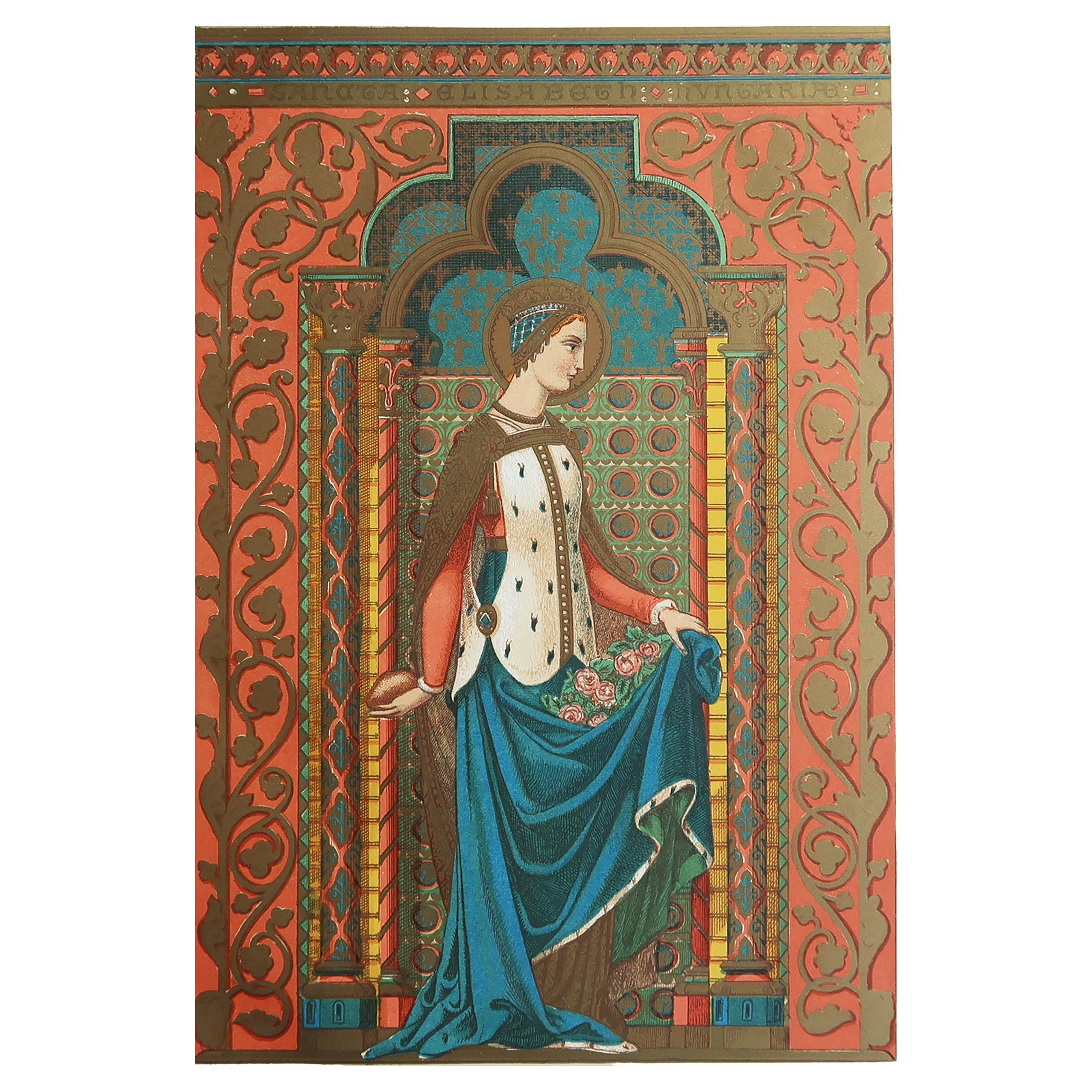 Stampa antica originale miniata di Santa Elisabetta d'Ungheria. C.1880