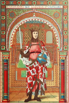 Original Antiker beleuchteter Originaldruck des Heiligen Ferdinand. C.1880