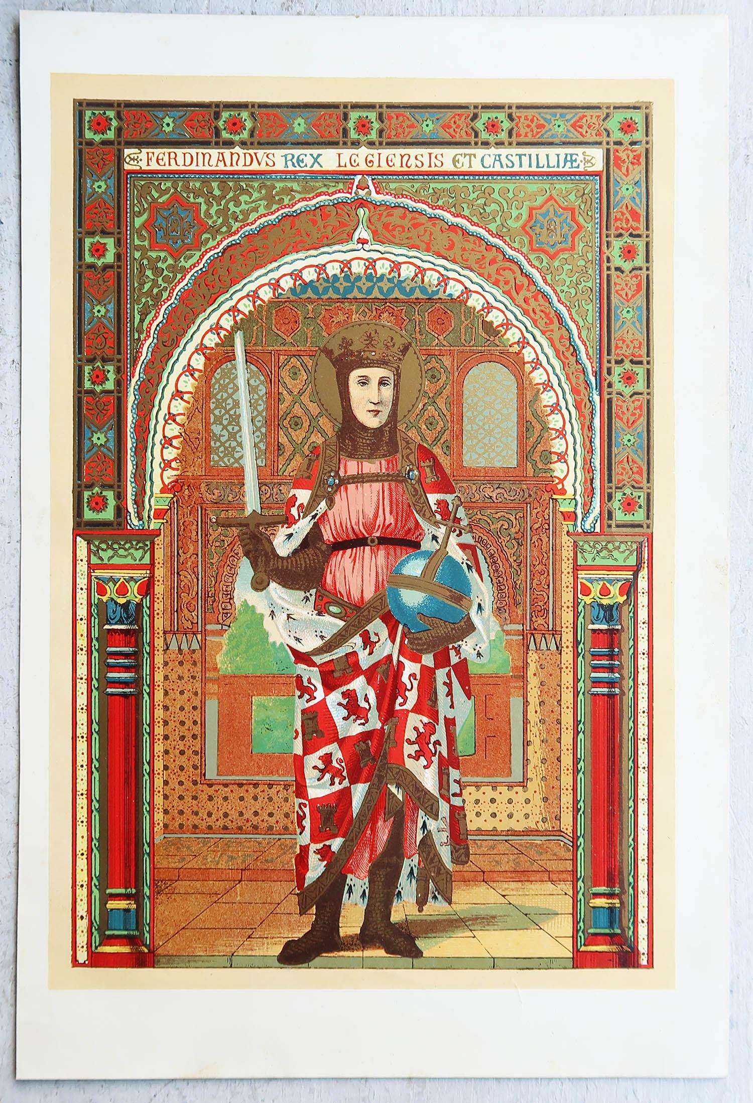 Gothic Original Antique Illuminated Print of St Ferdinand. C.1880 For Sale