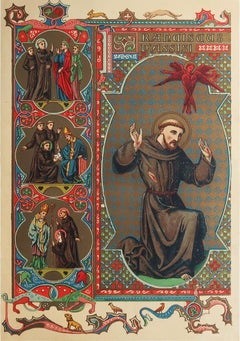 Original Antique Illuminated Print of St Francis of Assisi. C.1880