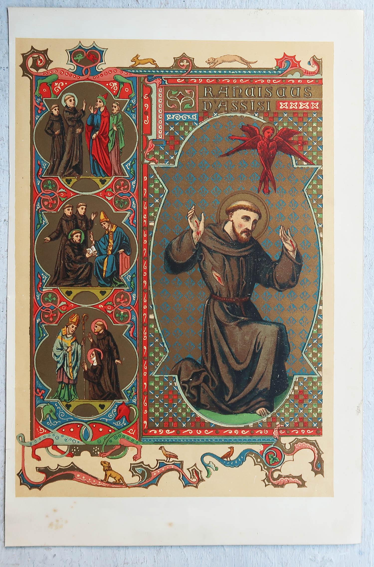 Gothique Impression ancienne enluminée originale de Saint François d'Assisi. C.1880 en vente
