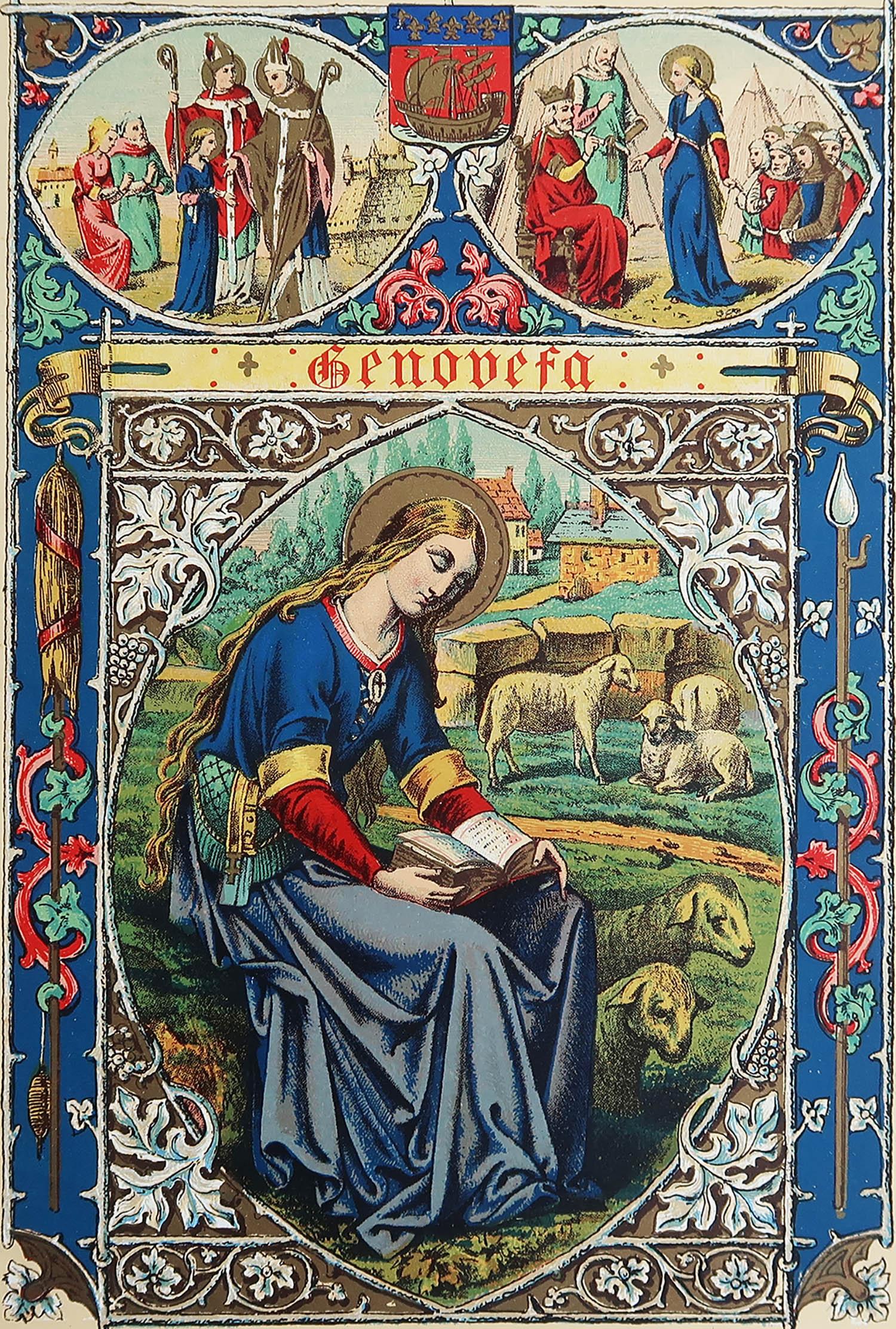 Maravillosa estampa de Santa Genoveva

Cromolitografía iluminada 

Publicado hacia 1880

Sin enmarcar.

Foxing en el margen

Envío gratuito

La medida es el tamaño del papel

