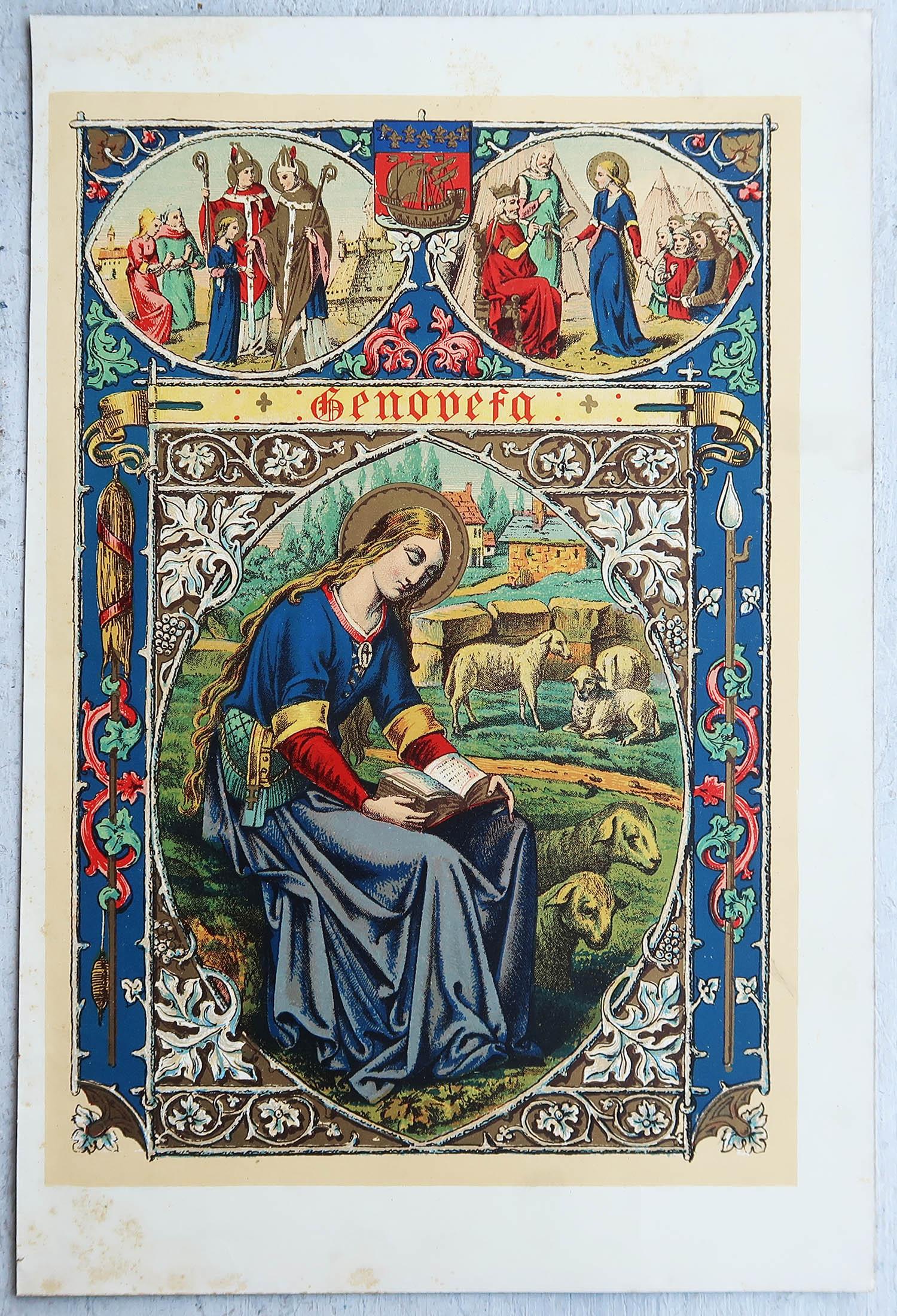 Grabado Iluminado Antiguo Original de Santa Genoveva. C.1880 Inglés en venta