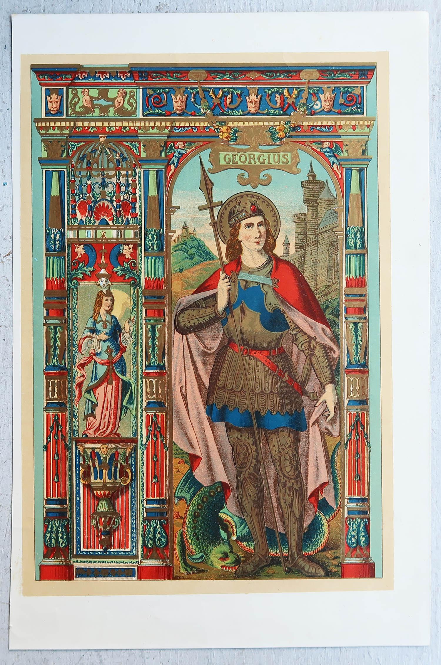 Grabado Iluminado Antiguo Original de San Jorge. C.1880 Gótico en venta