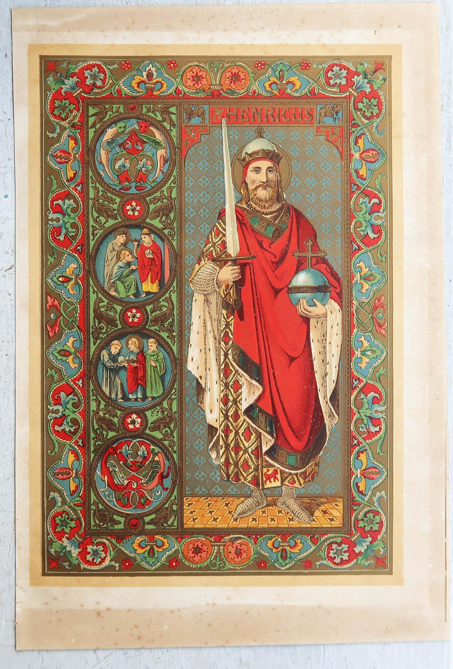 Original Antiker beleuchteter Originaldruck des heiligen Henry 11. C.1880 (Gotisch) im Angebot