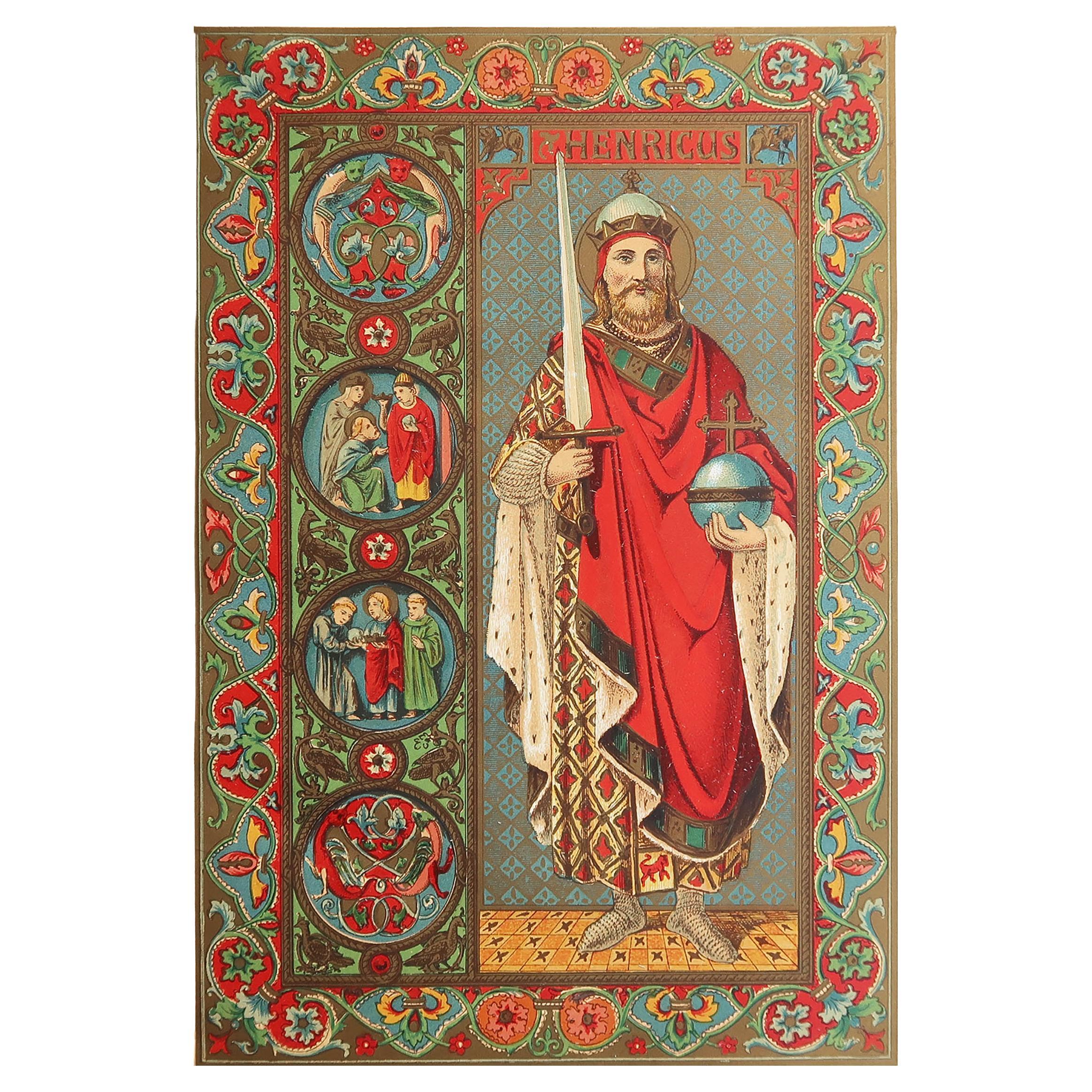 Original Antiker beleuchteter Originaldruck des heiligen Henry 11. C.1880 im Angebot