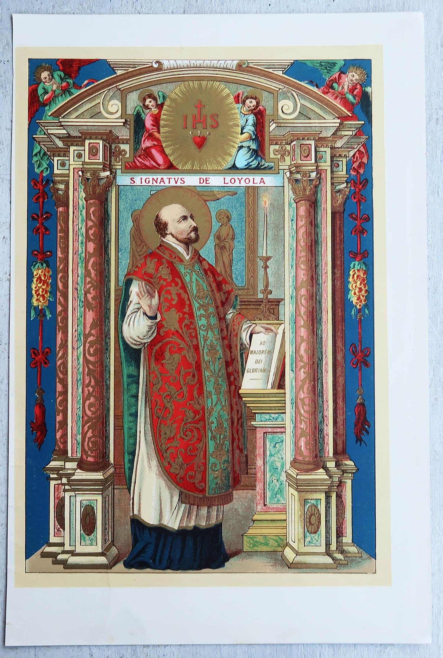 Gothique Impression originale enluminée de Saint Ignatius de Loyola C.1880 en vente