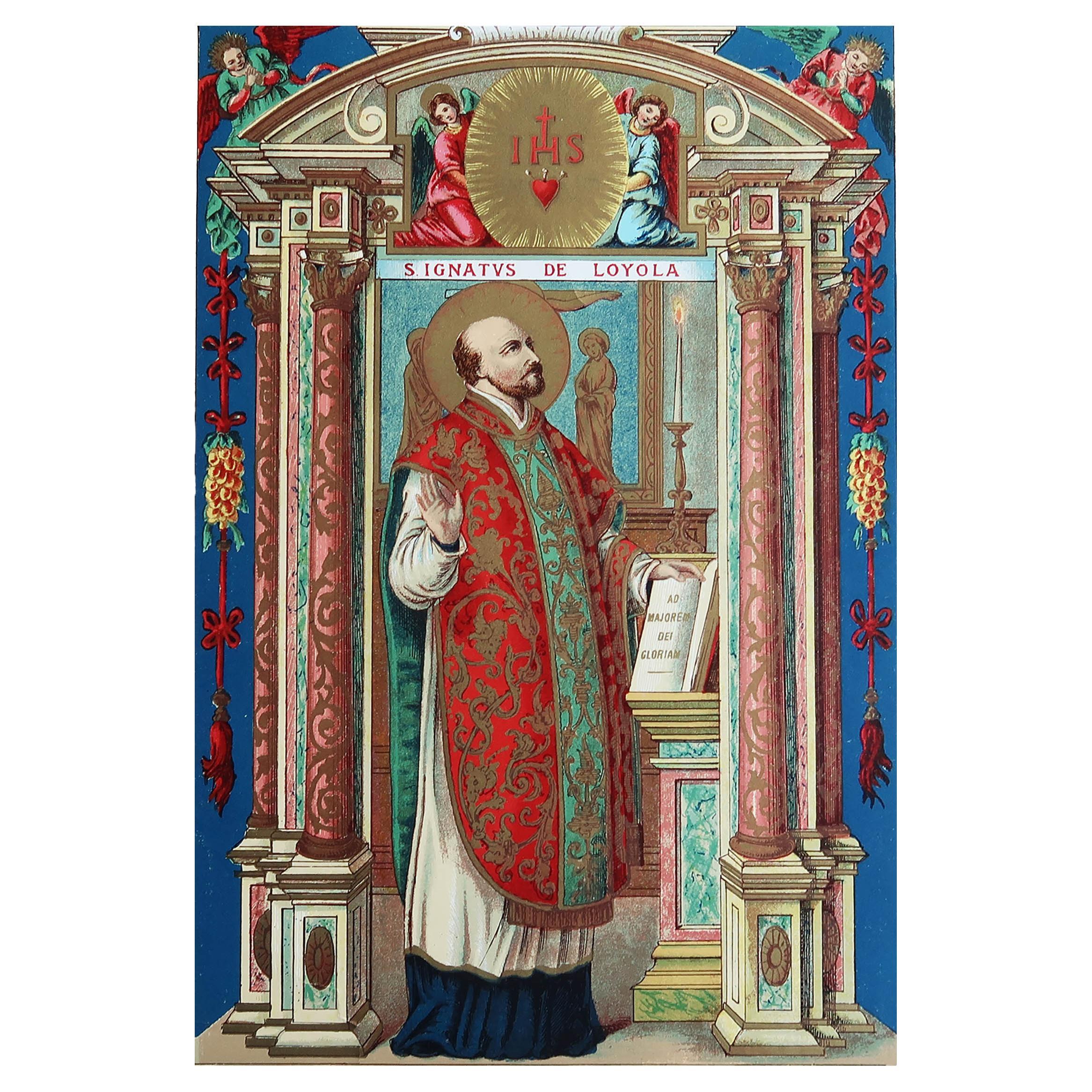 Original Antiker beleuchteter Originaldruck des heiligen Ignatius von Loyola aus Loyola. C.1880