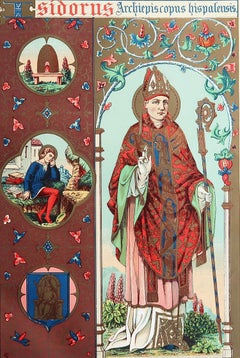 Stampa antica originale miniata di Sant'Isodoro di Siviglia. C.1880