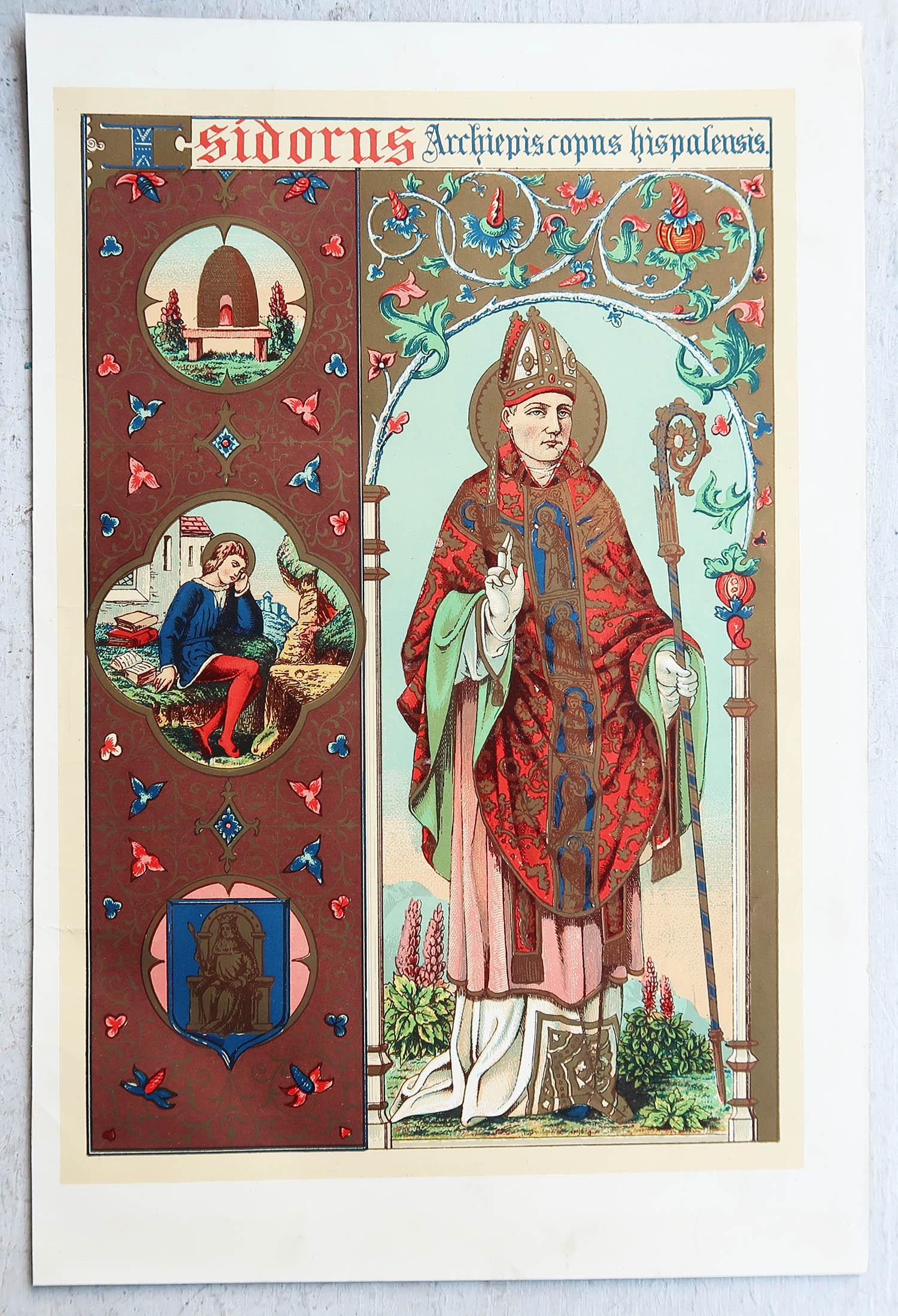 English Original Antique Illuminated Print of St Isodore of Seville. C.1880 For Sale