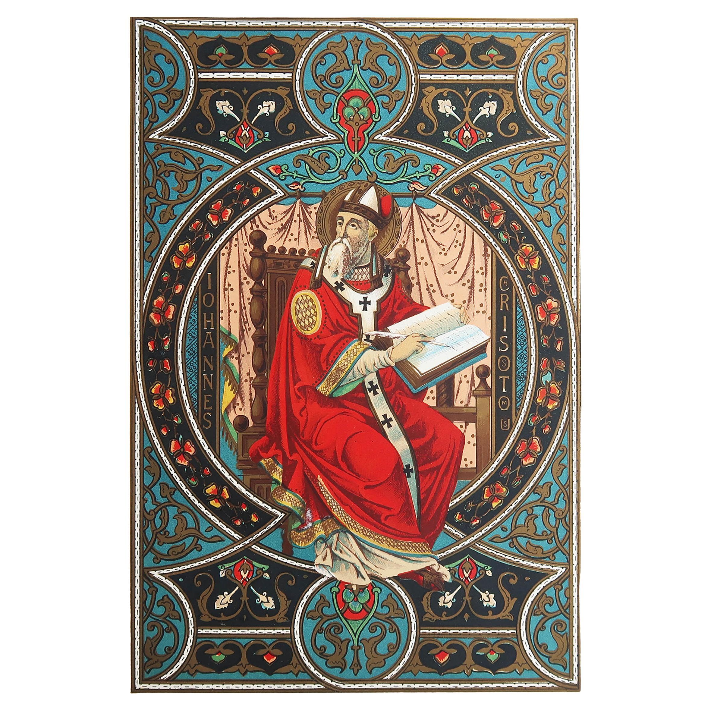 Grabado iluminado original antiguo de St. John Chrysostom. C.1880