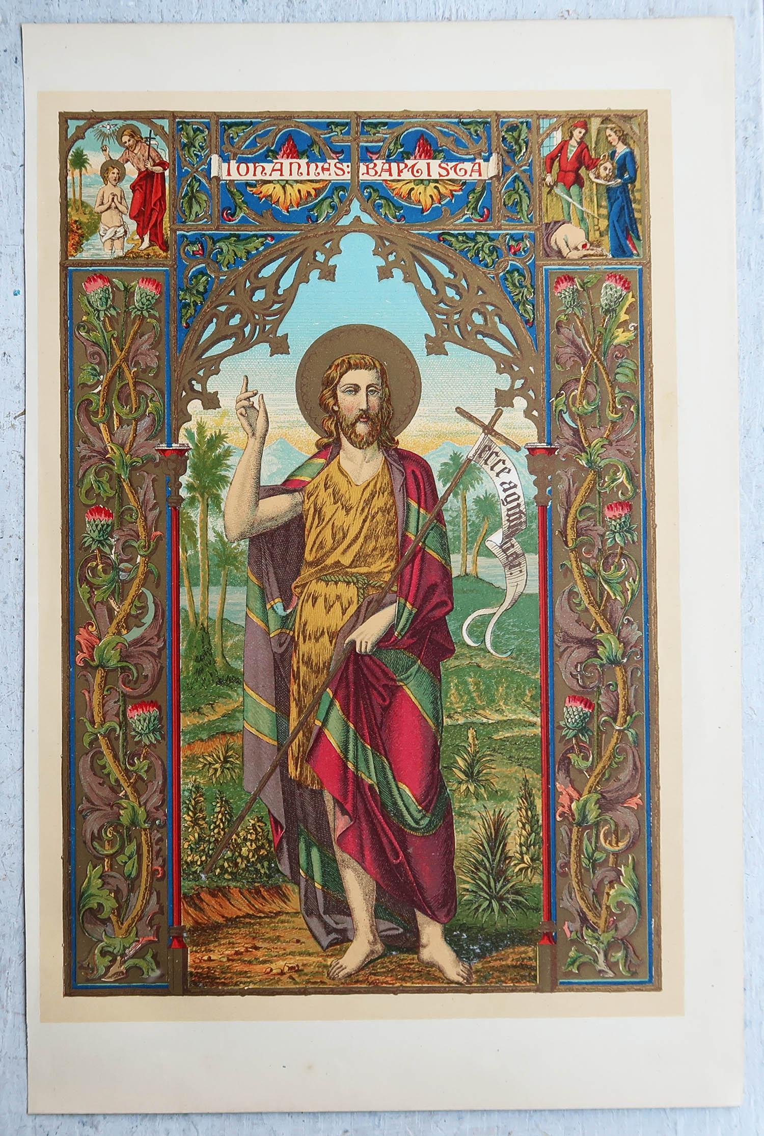 Grabado iluminado antiguo original de St. John The Baptist. C.1880 Inglés en venta