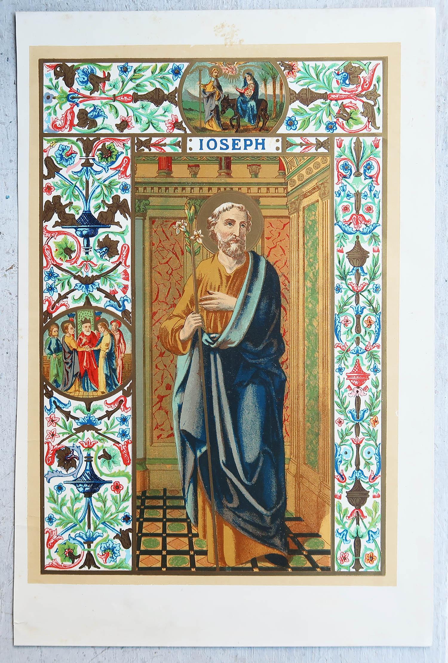 Gothique Impression ancienne enluminée originale de Saint Joseph C.1880 en vente