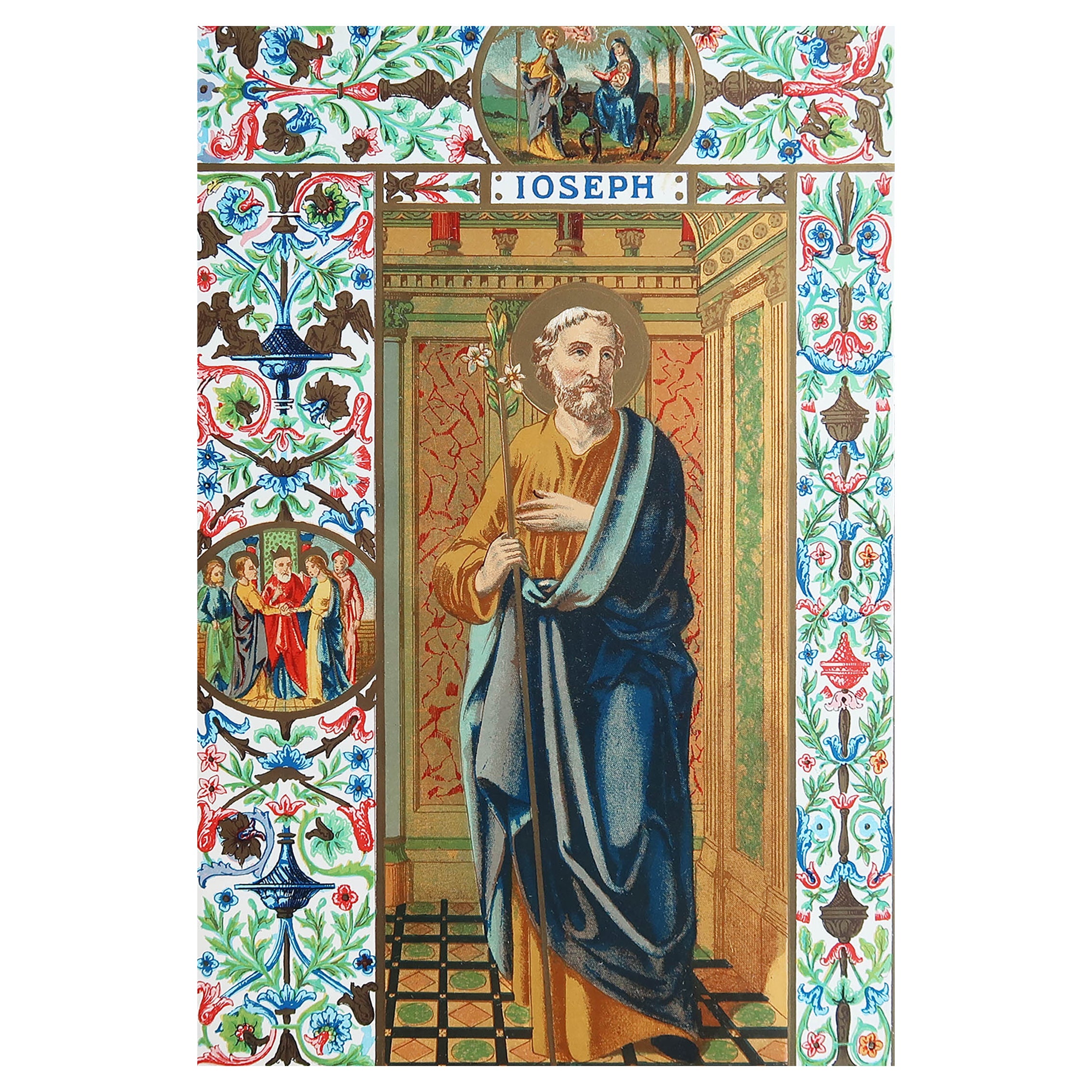 Original Antique Illuminated Print of St Joseph. C.1880 For Sale